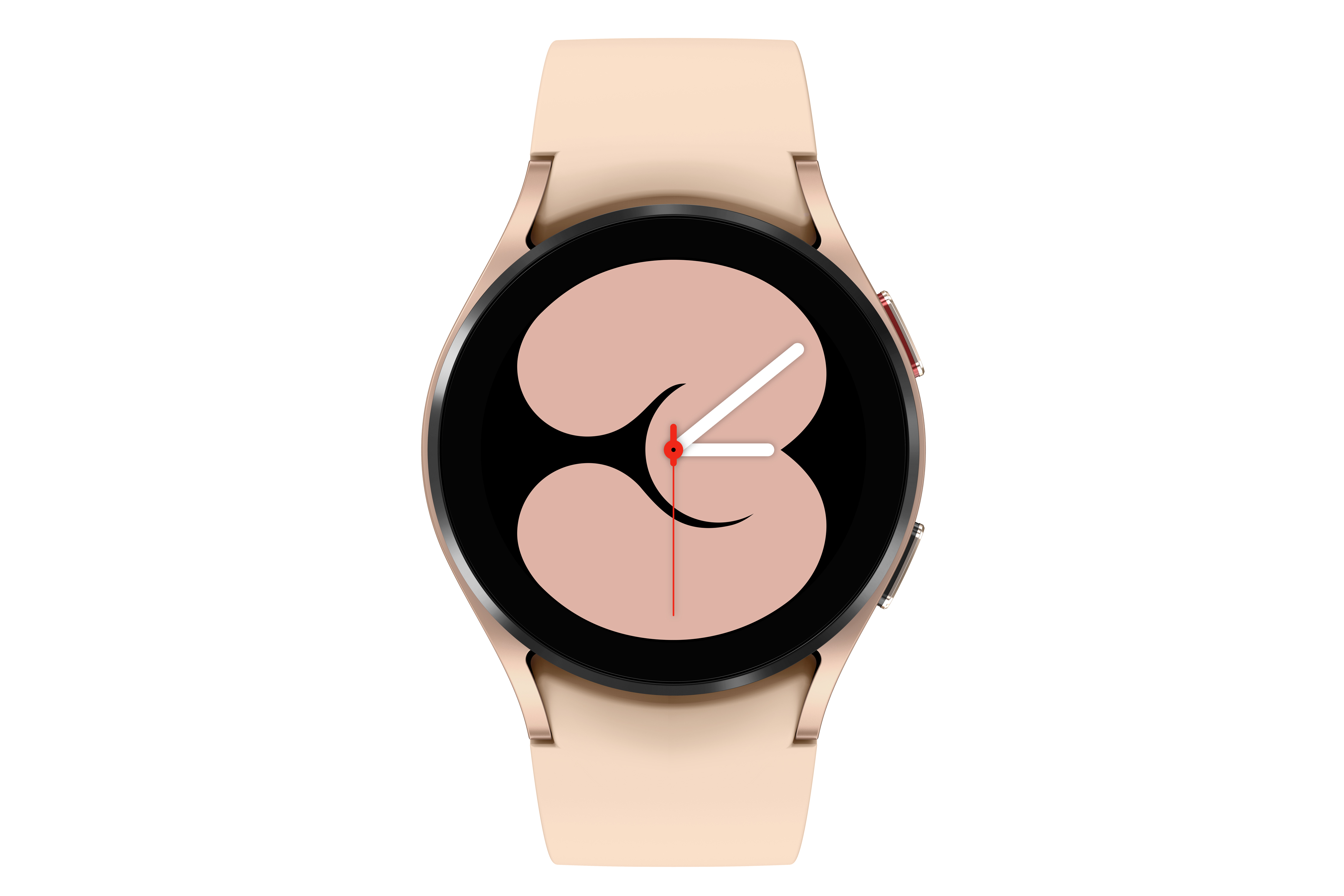 Eine goldene Smartwatch mit schwarzem Bildschirm. Das Zifferblatt zeigt eine rosa analoge Uhr.