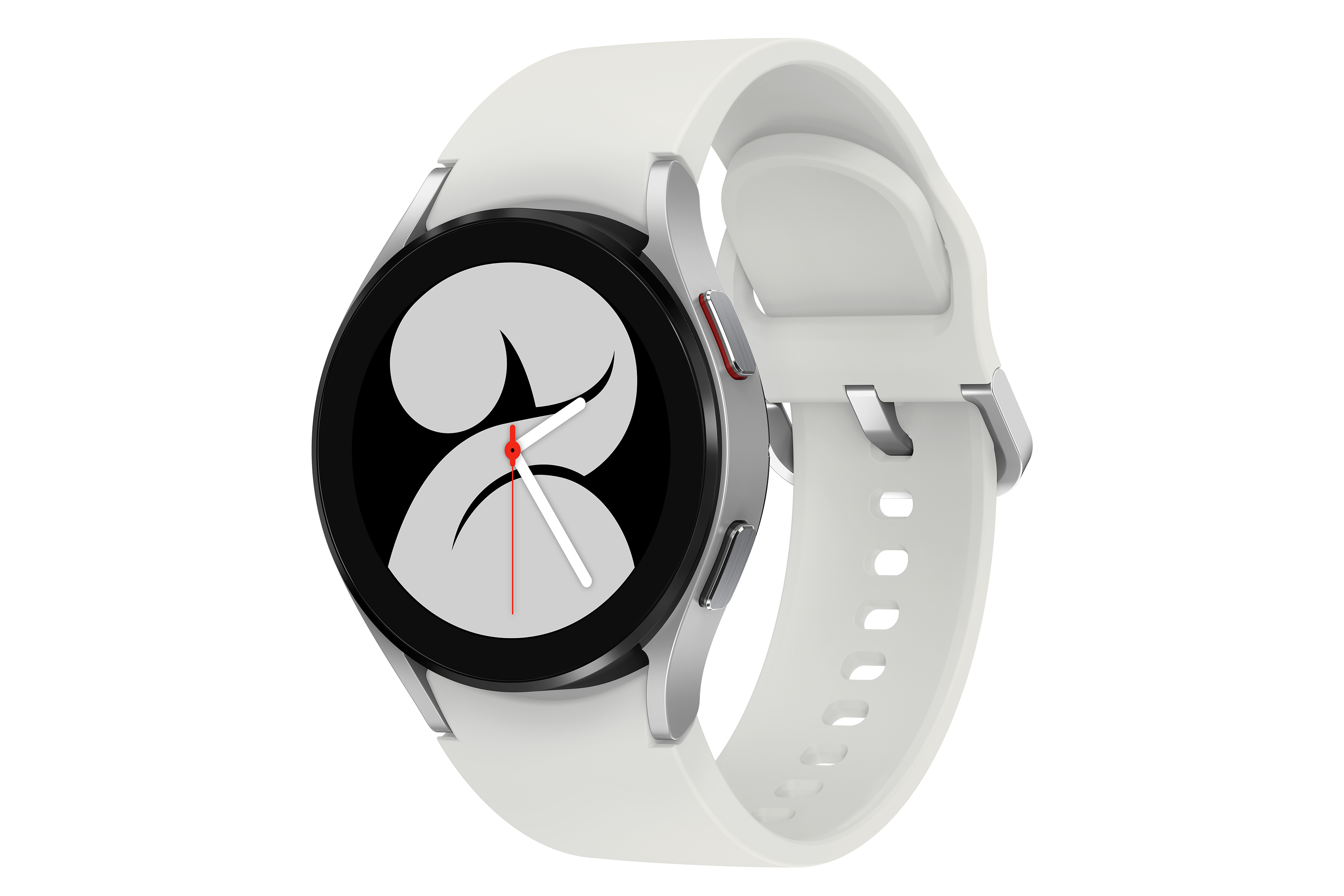 Weiße Samsung Galaxy Watch auf weißem Hintergrund. Rundes Zifferblatt mit weißem Armband.