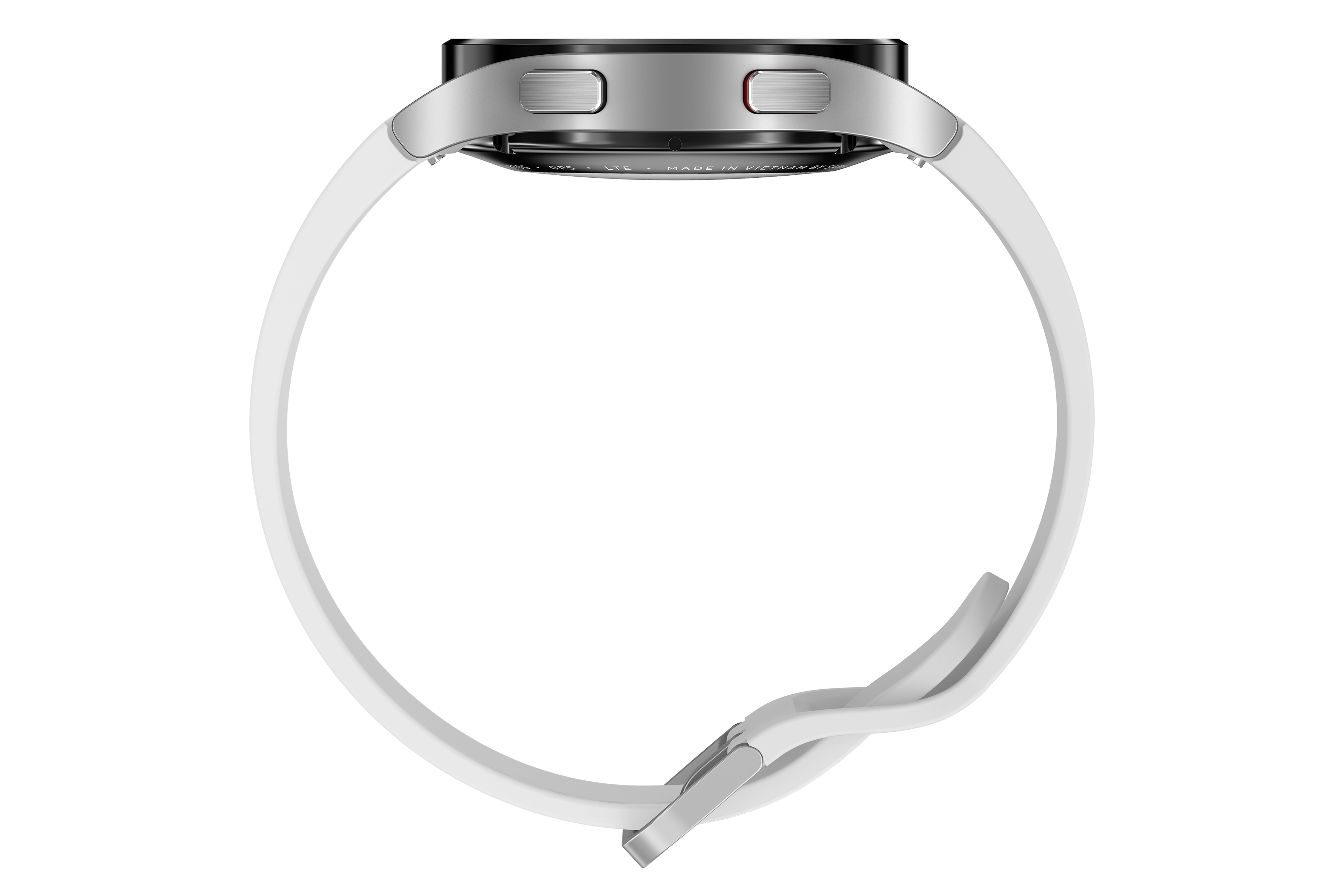 Eine Seitenansicht einer weißen Smartwatch mit weißem Armband, die die Knöpfe der Uhr zeigt.