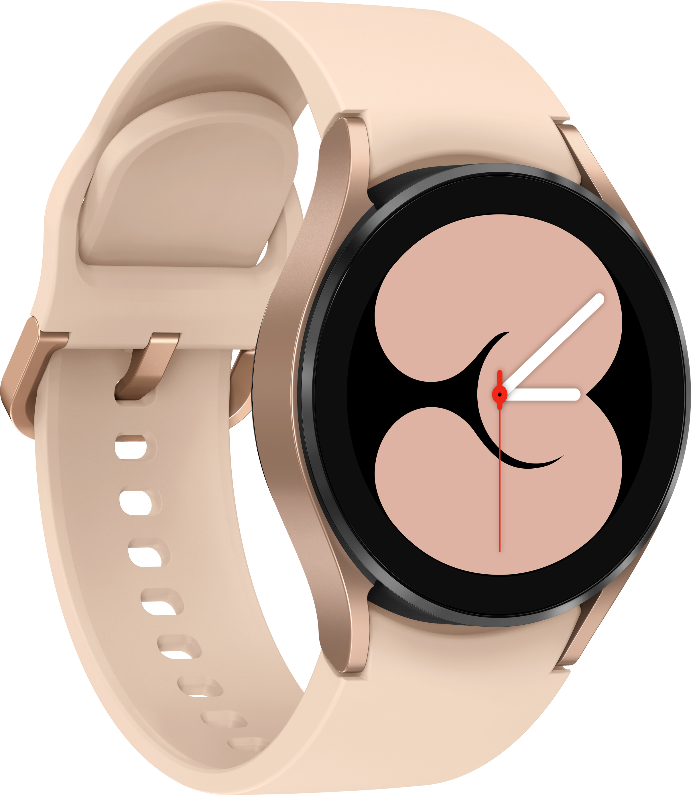 Rosafarbene Smartwatch mit rosafarbenem Armband. Der Bildschirm zeigt ein weißes Zifferblatt.