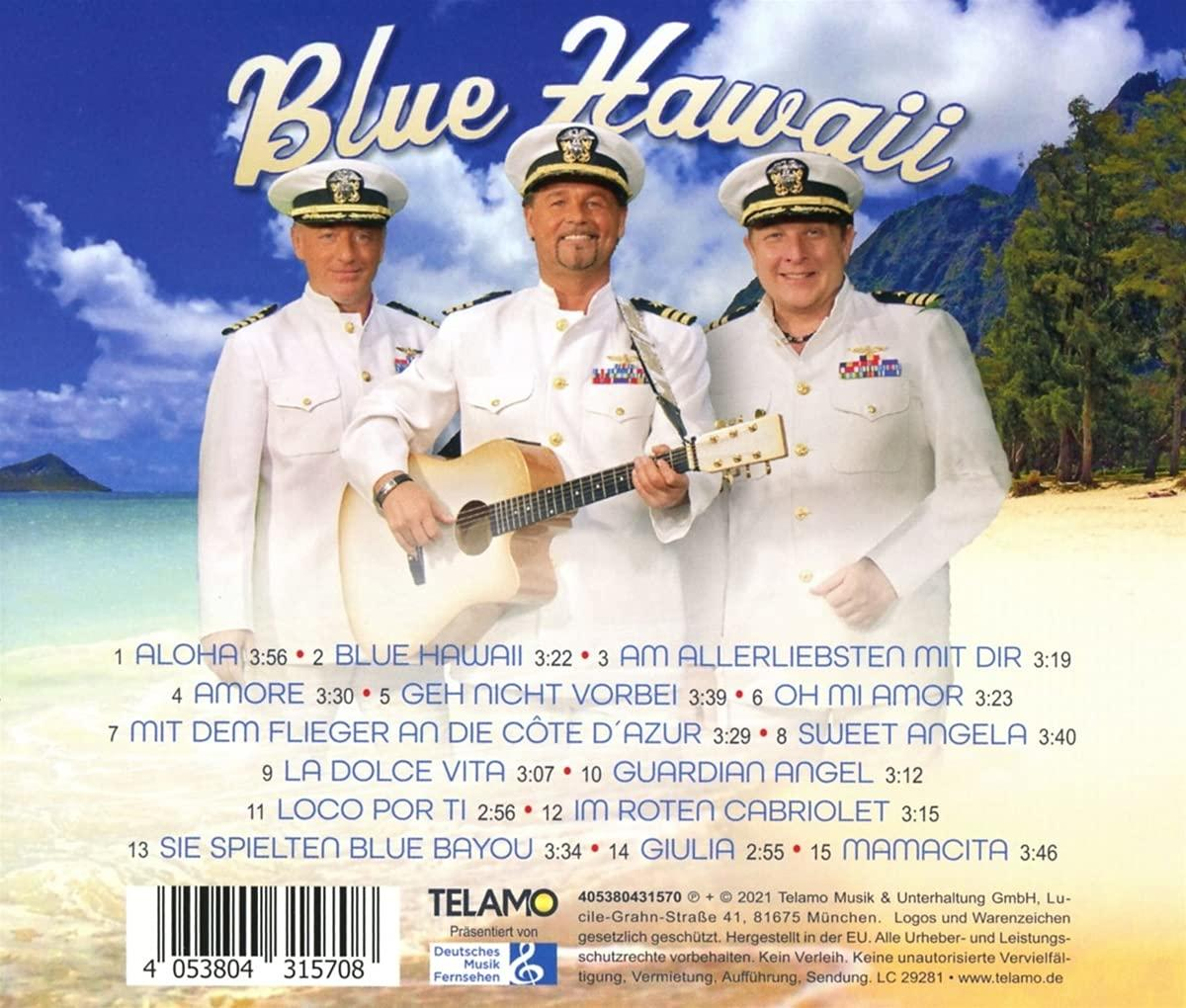 Rückseite der Blue Hawaii CD mit drei Männern in Matrosenanzügen und Songtiteln.