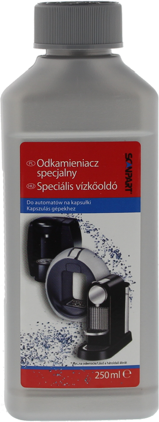 Vízkőoldó oldat palackja kávéfőzőkhöz. Címke szöveggel és kávéfőzők képeivel.