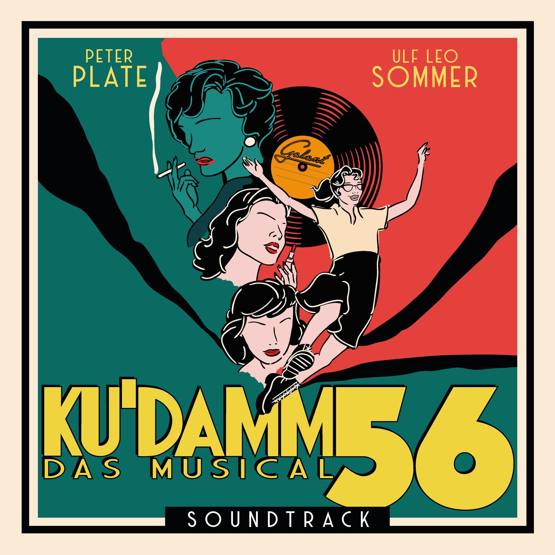 Ku'damm 56 Musical-Soundtrack-Cover. Mit Illustrationen von Frauen, einer Schallplatte und dem Titel in fetten Buchstaben.