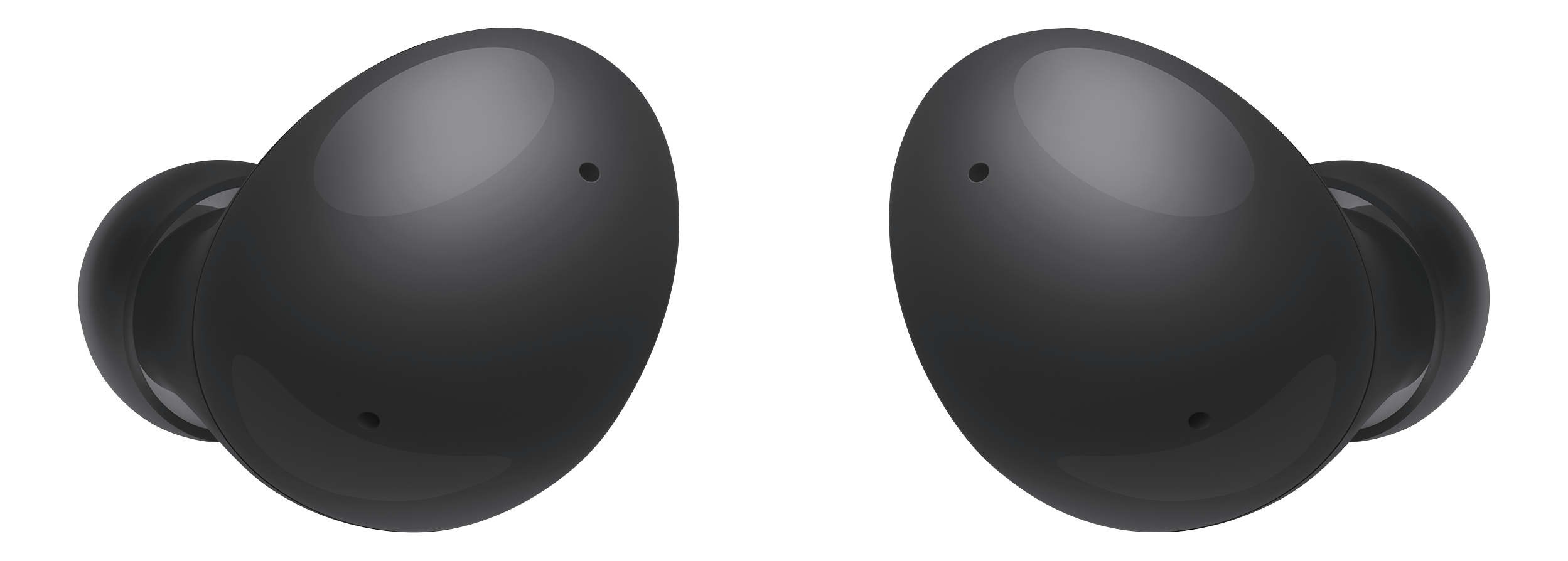 Deux écouteurs sans fil noirs sur fond noir.