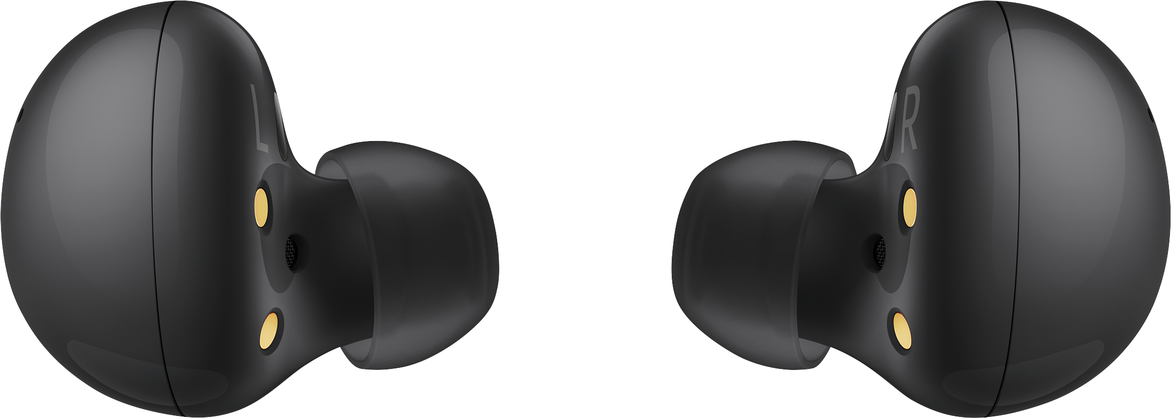 Deux écouteurs sans fil noirs. Chacun a des accents dorés. Fond blanc.