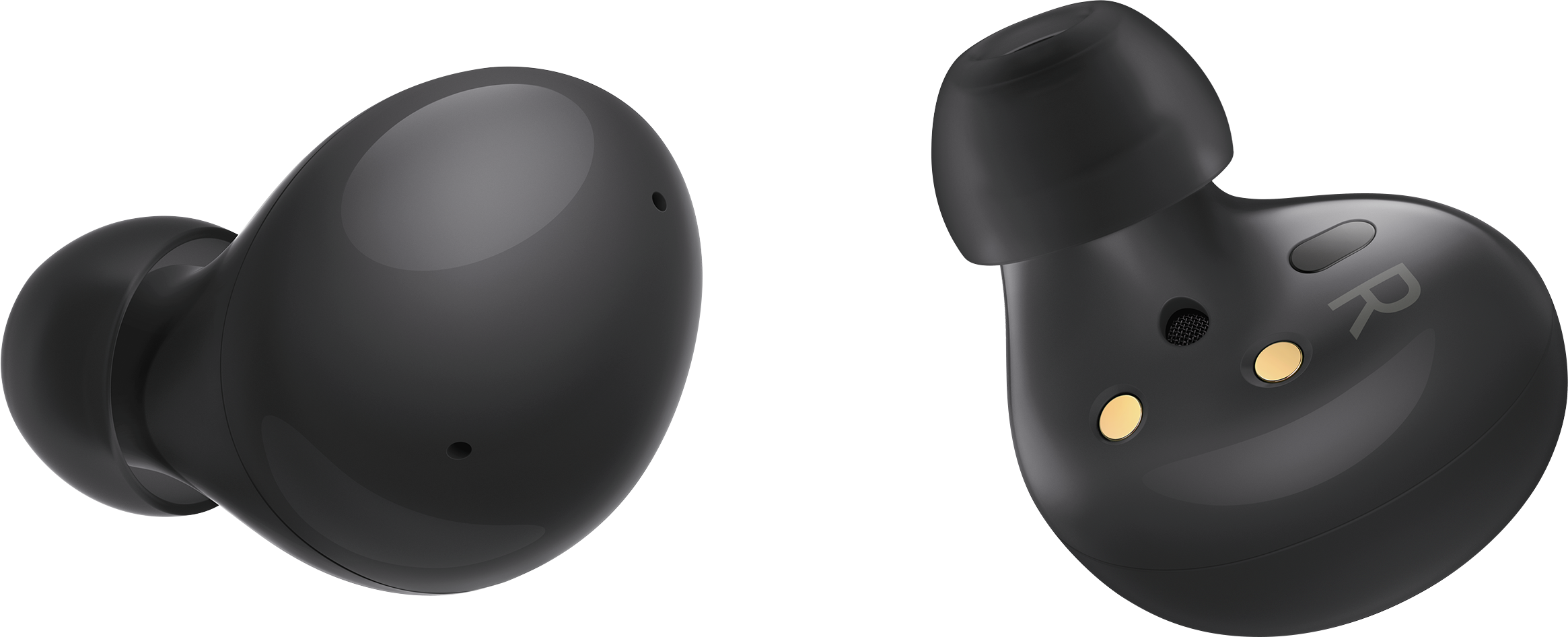 Deux écouteurs sans fil noirs. L'un montre un 'R' et l'autre écouteur a une vue latérale.