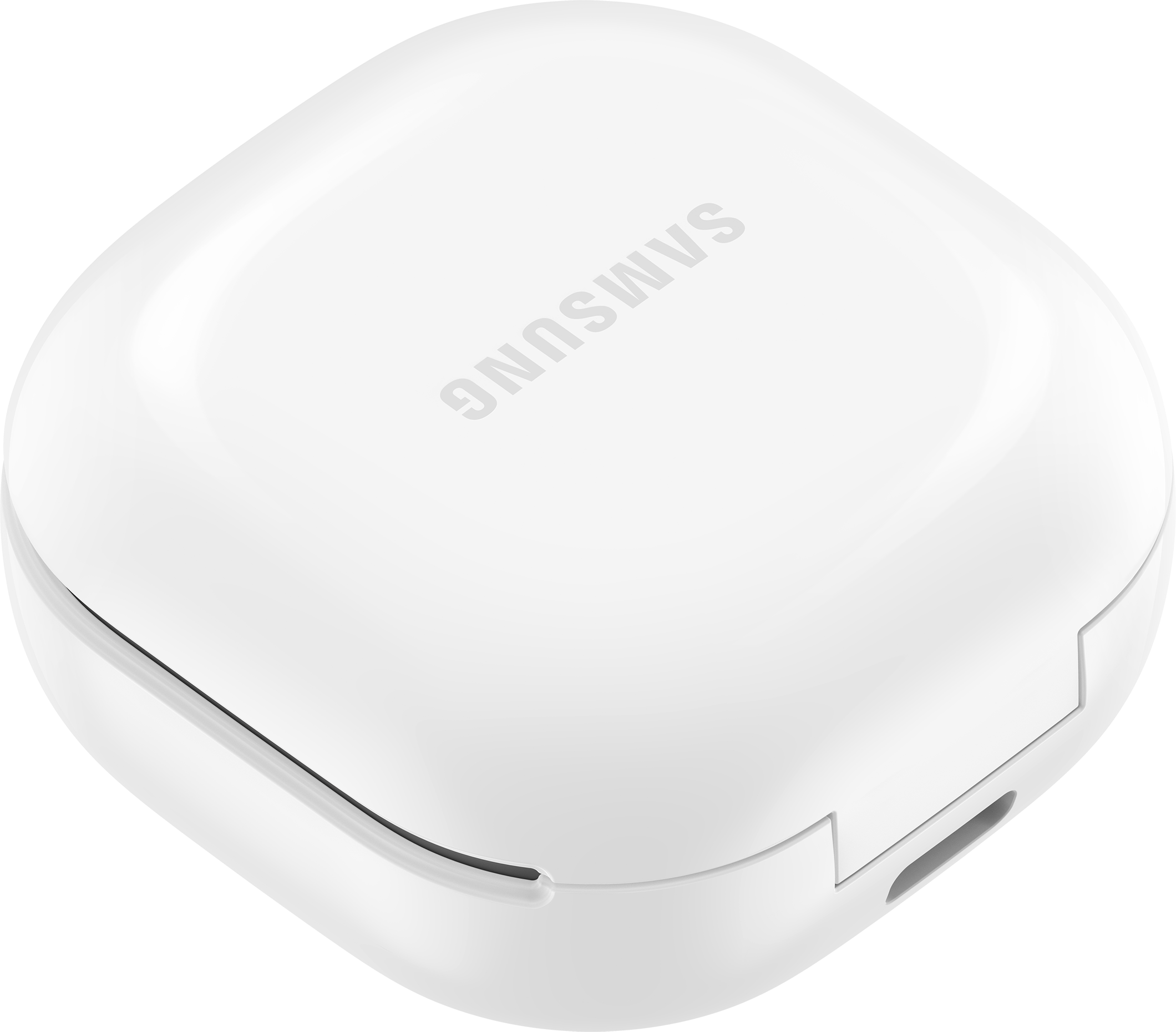 Un étui blanc et fermé pour Samsung Galaxy Buds avec le nom de la marque imprimé dessus.