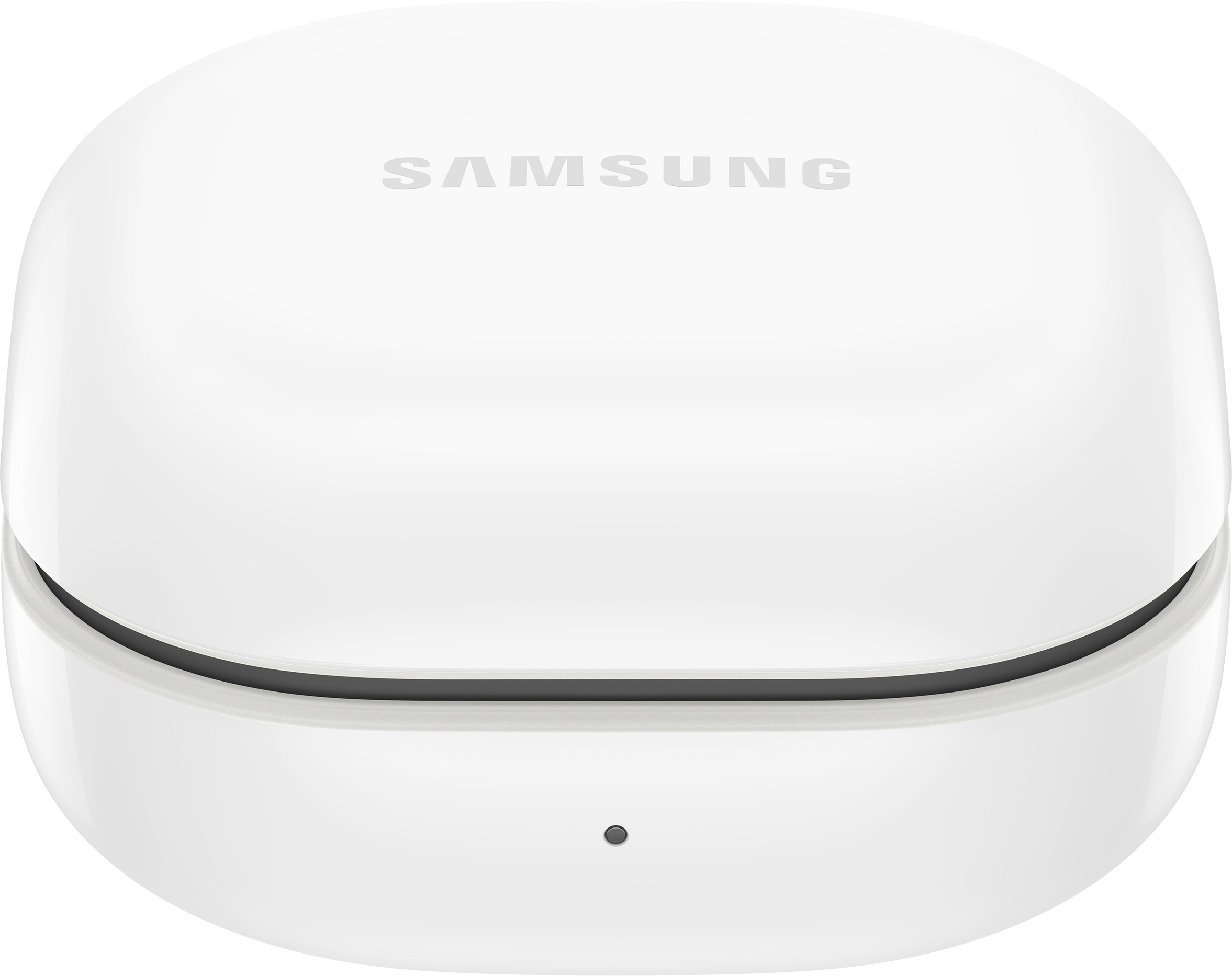 Boîtier blanc Samsung Galaxy Buds. Forme arrondie, design minimaliste, petite lumière de charge.
