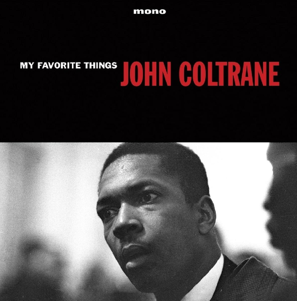 John Coltrane album borítója, fekete háttérrel és piros szöveggel. Fekete-fehér fotó Coltrane-ről.