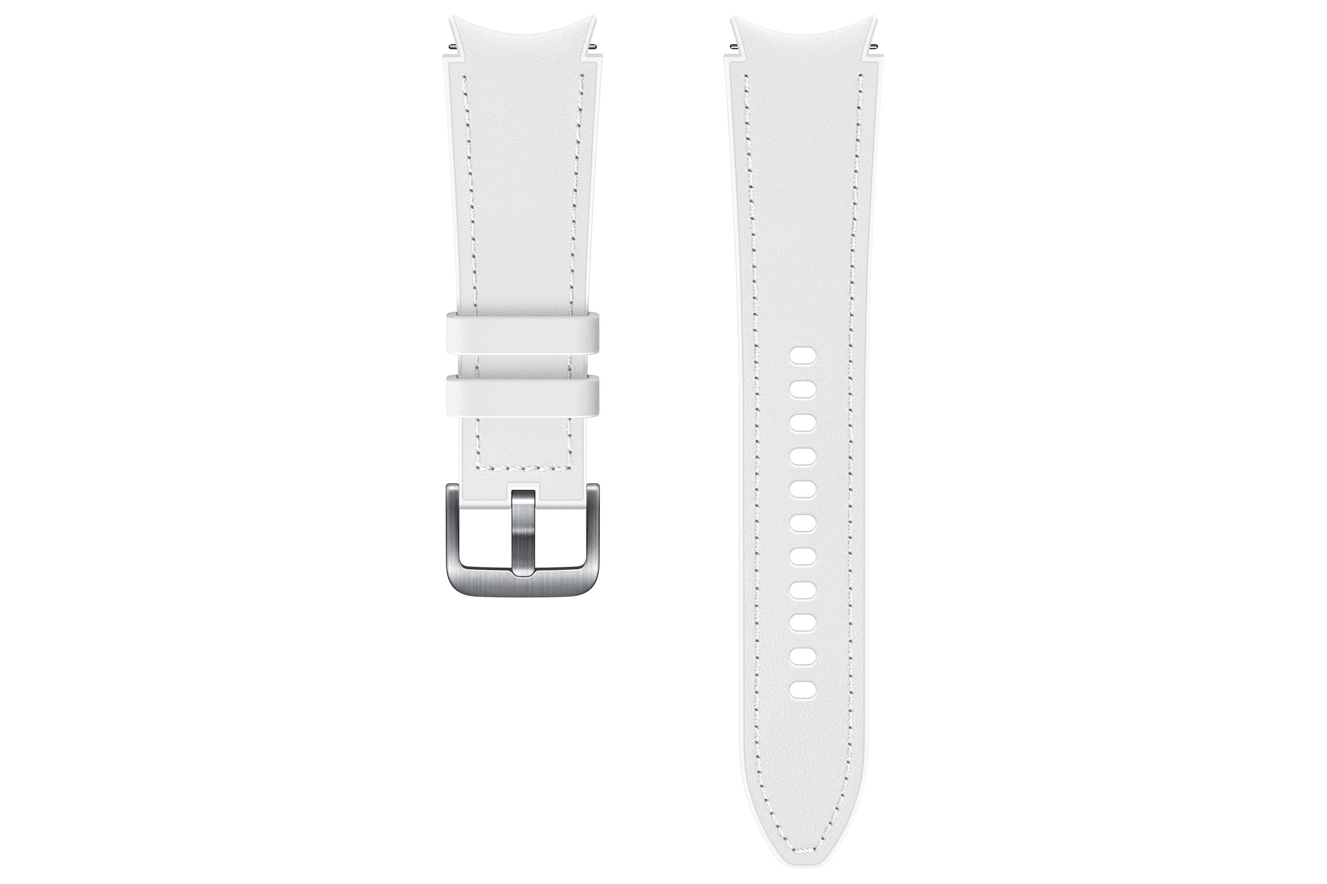 Weiße Uhrenarmbänder mit Metallschnalle, auf weißem Hintergrund.