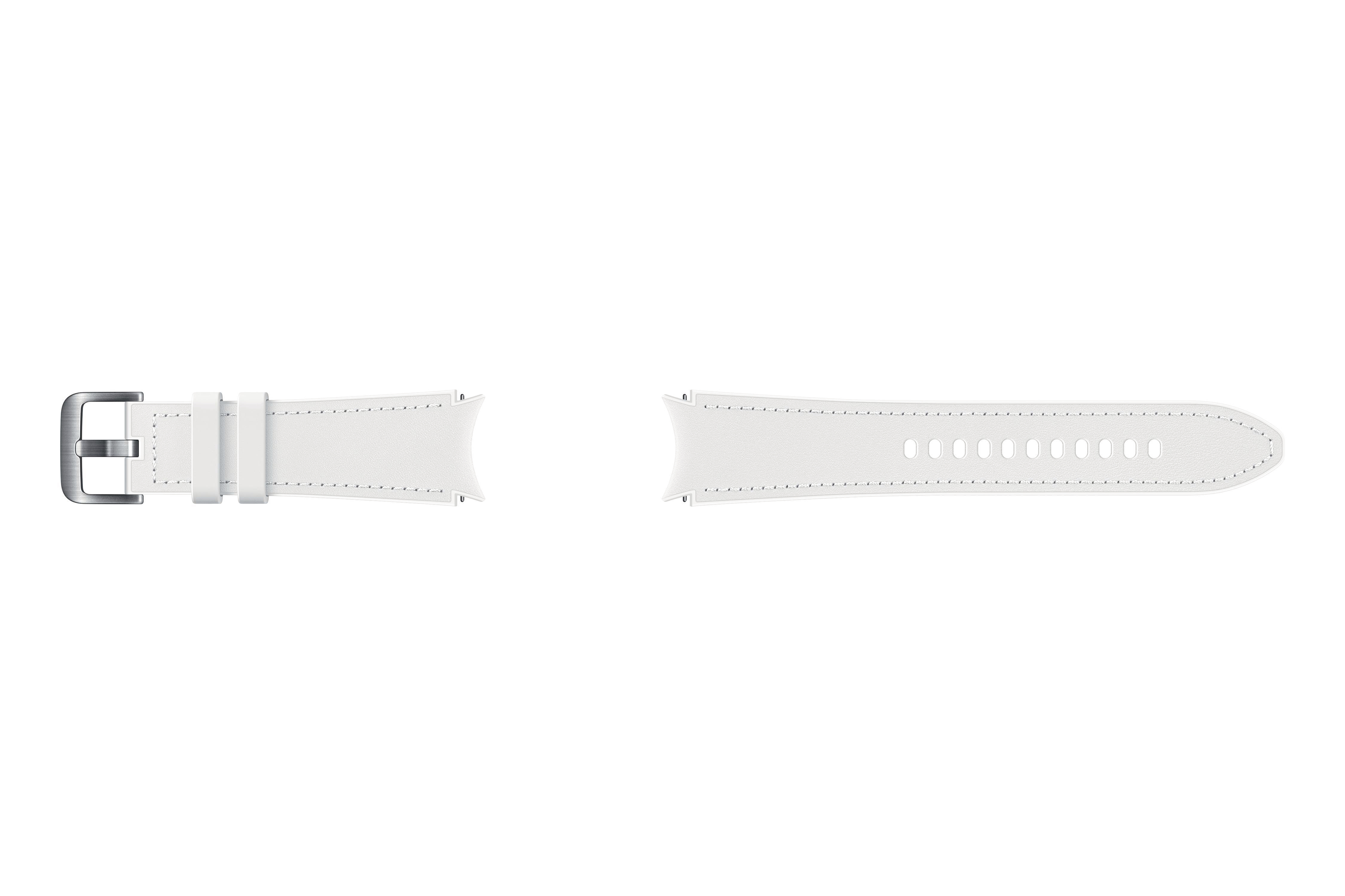 Zwei weiße Uhrenarmbänder mit silberner Schnalle. Eines ist mit der Schnalle verbunden.