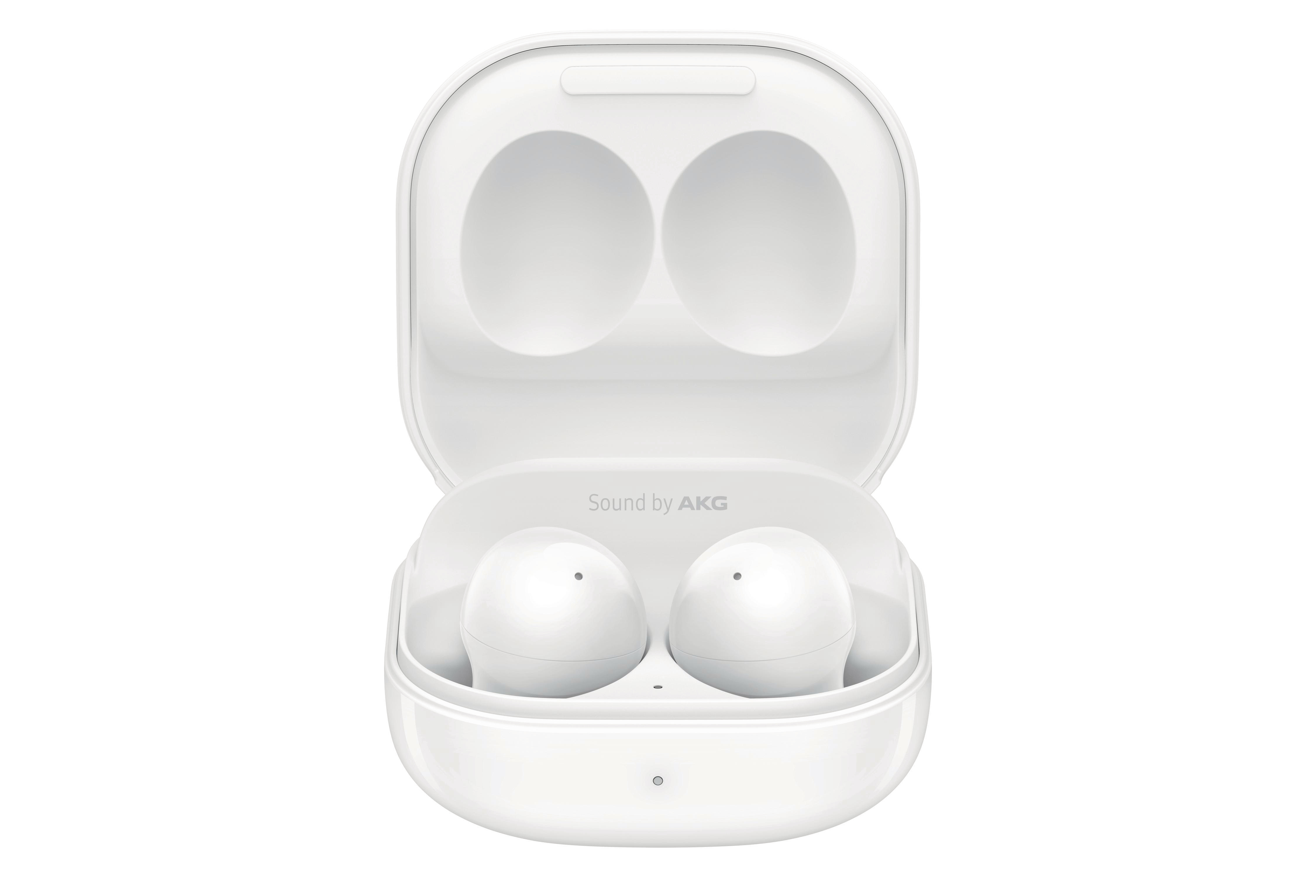 Weißes Samsung Galaxy Buds-Etui geöffnet, mit Ohrhörern.