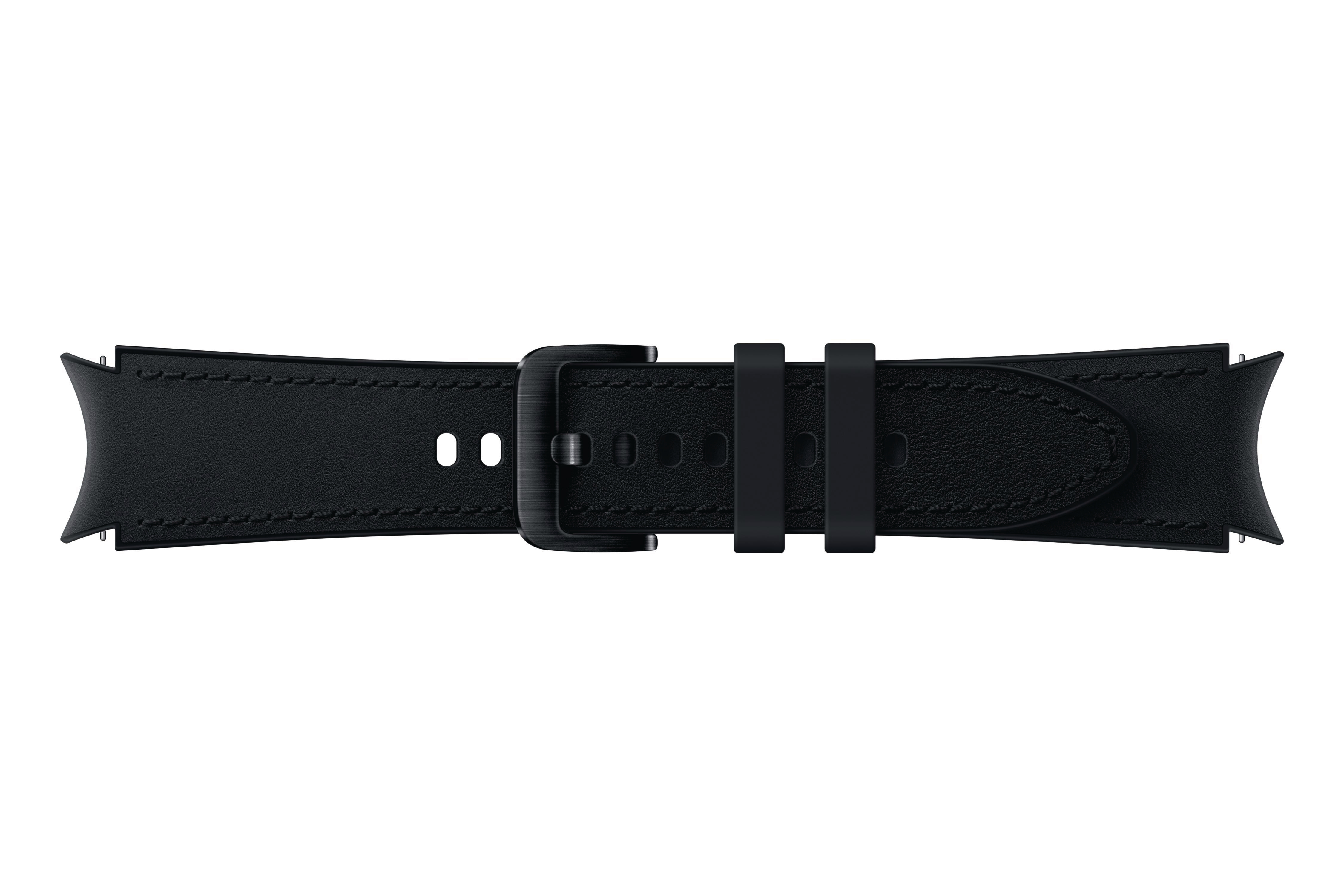 Schwarzes Leder-Uhrenarmband mit schwarzer Schnalle, auf weißem Hintergrund, gerade Ansicht.