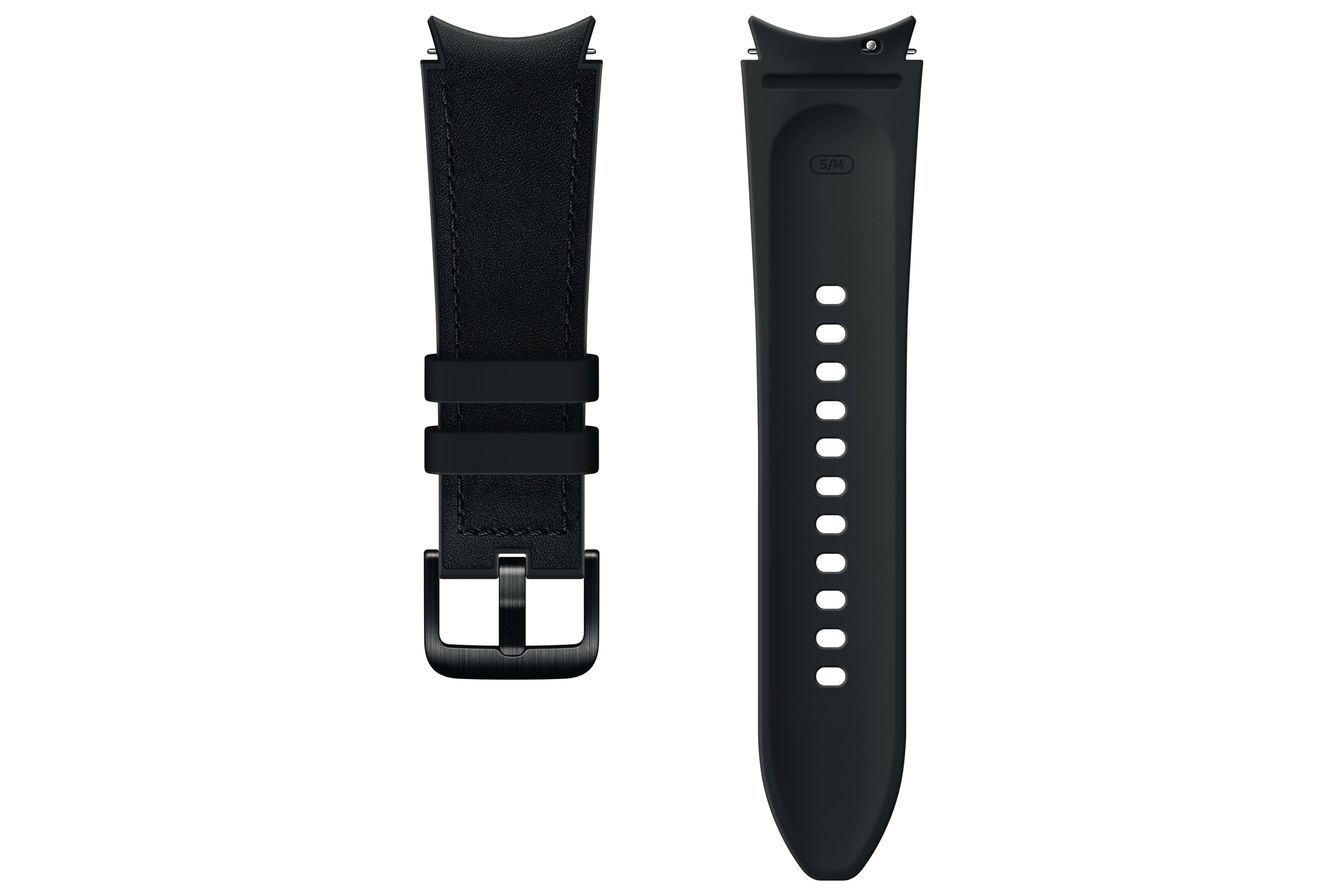 Zwei schwarze Uhrenarmbänder. Eines aus Leder mit Schnalle, das andere aus Gummi mit Löchern.