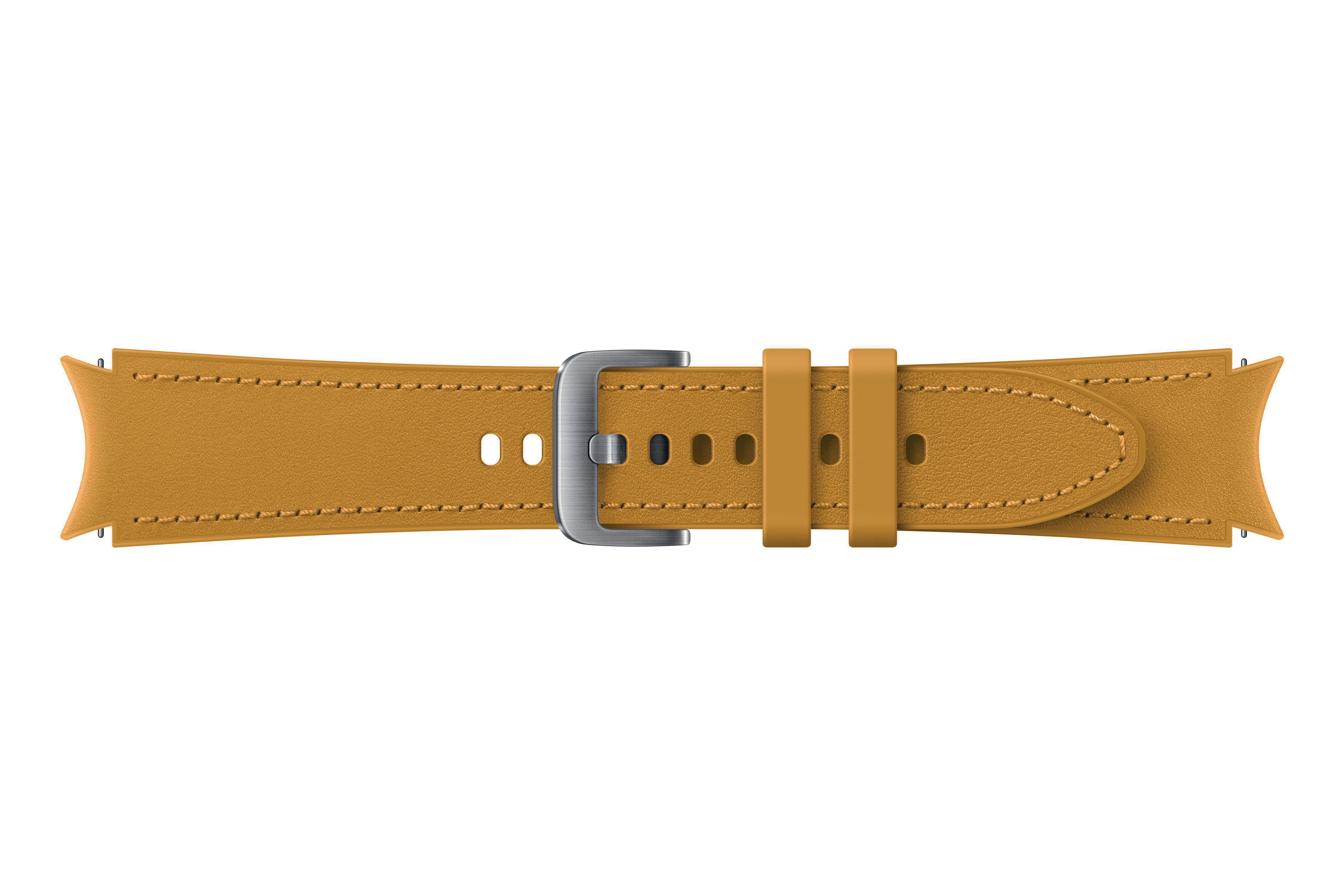 Hellbraunes Uhrenarmband mit Schnalle und Nähten auf weißem Hintergrund.