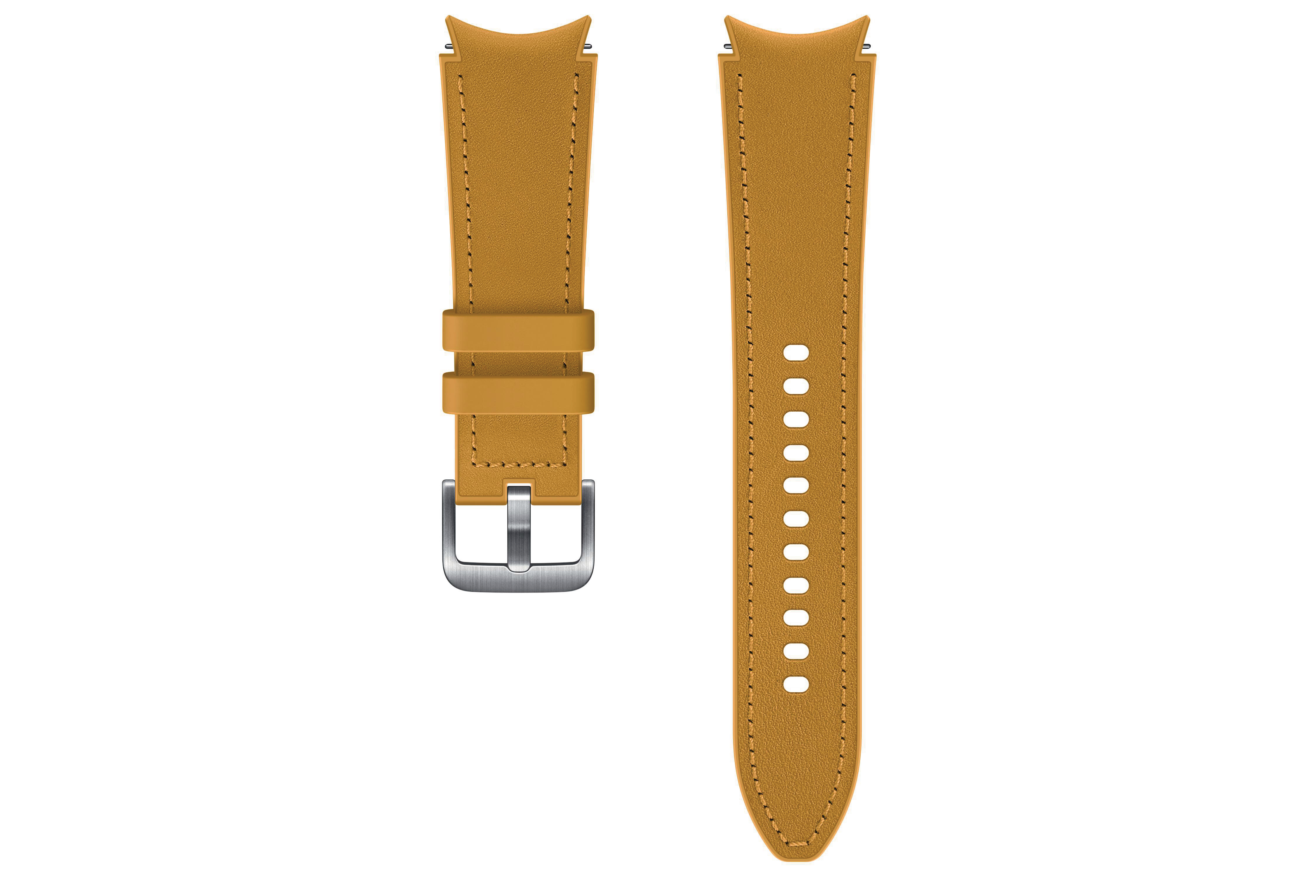 Senffarbenes Uhrenarmband mit silberner Schnalle, vom Uhrengehäuse getrennt.