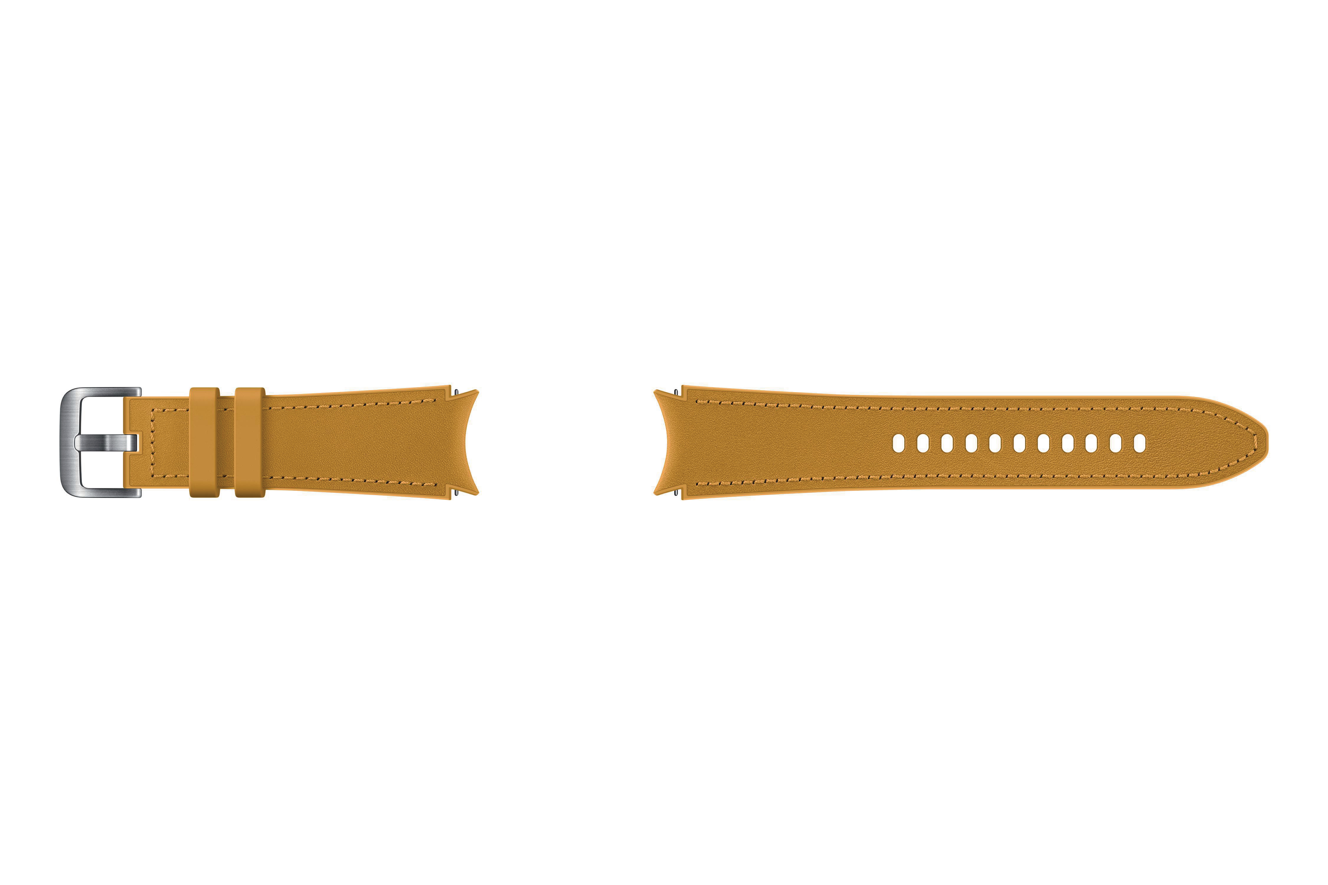 Zwei Uhrenarmbänder. Eines mit Schnalle, eines mit Löchern. Braunes Leder, weißer Hintergrund.