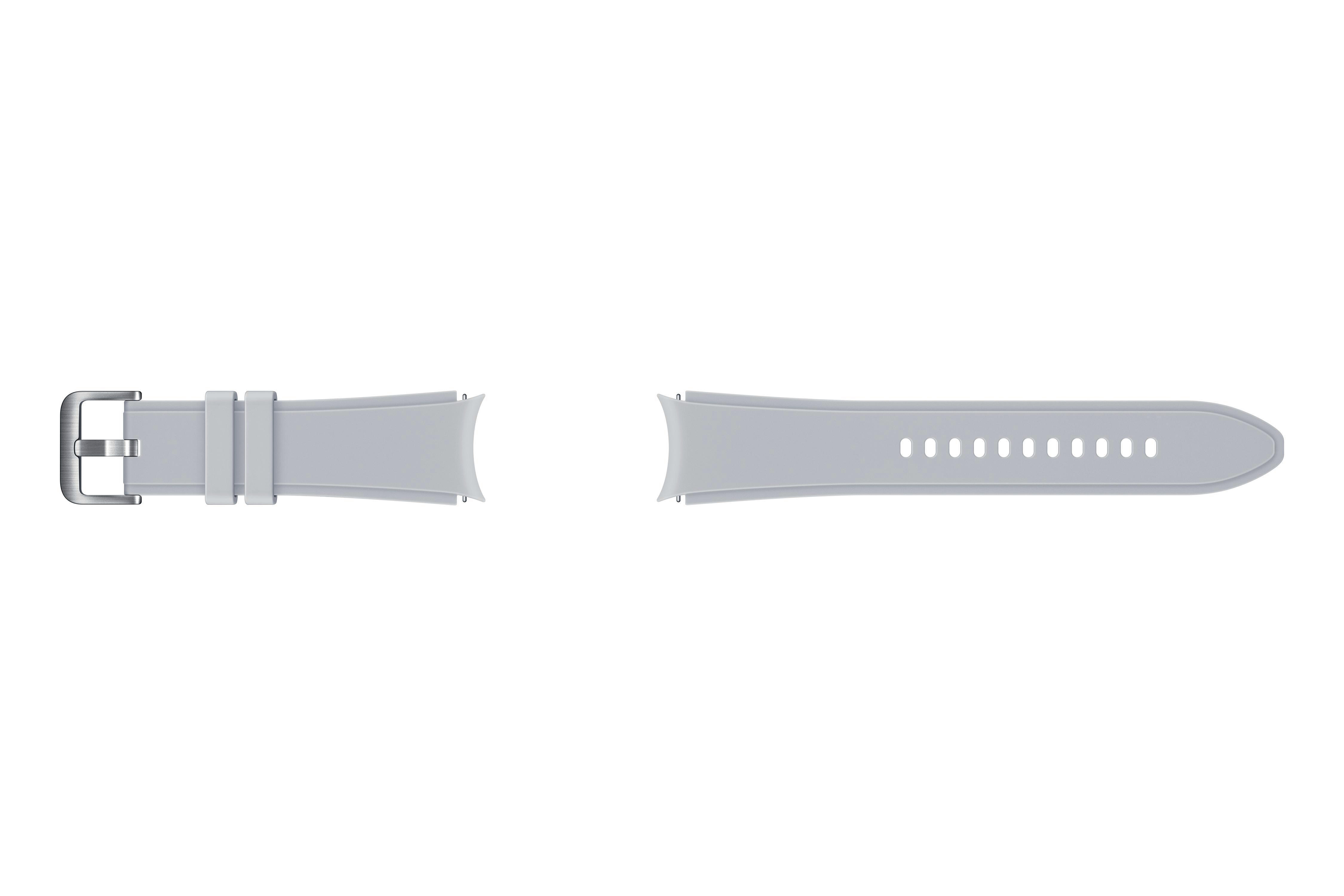 Zwei hellgraue Uhrenarmbänder, eines mit Schnalle, beide auf weißem Hintergrund.