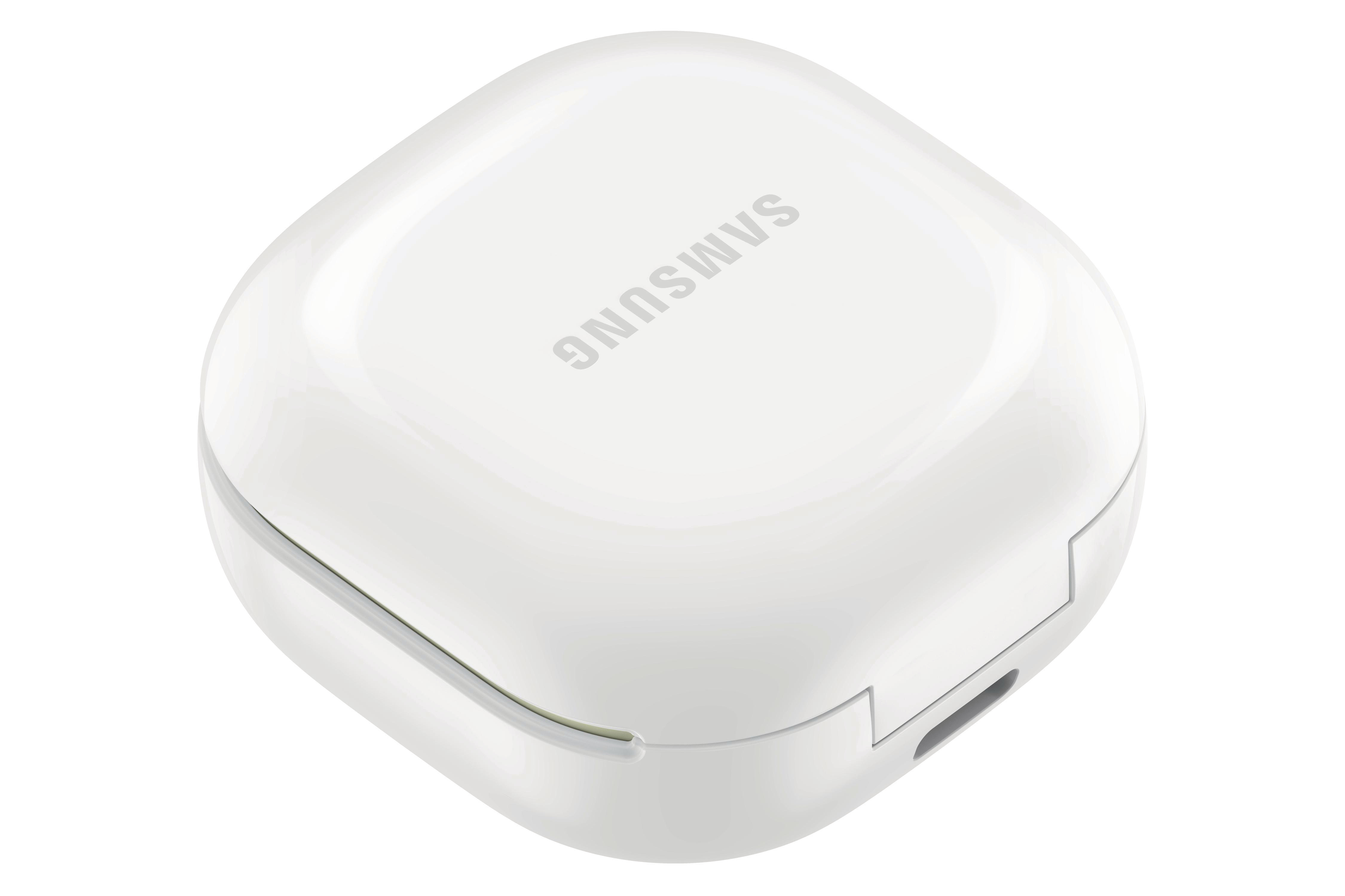 Weißes Samsung Galaxy Buds-Etui, geschlossen, schräge Ansicht.