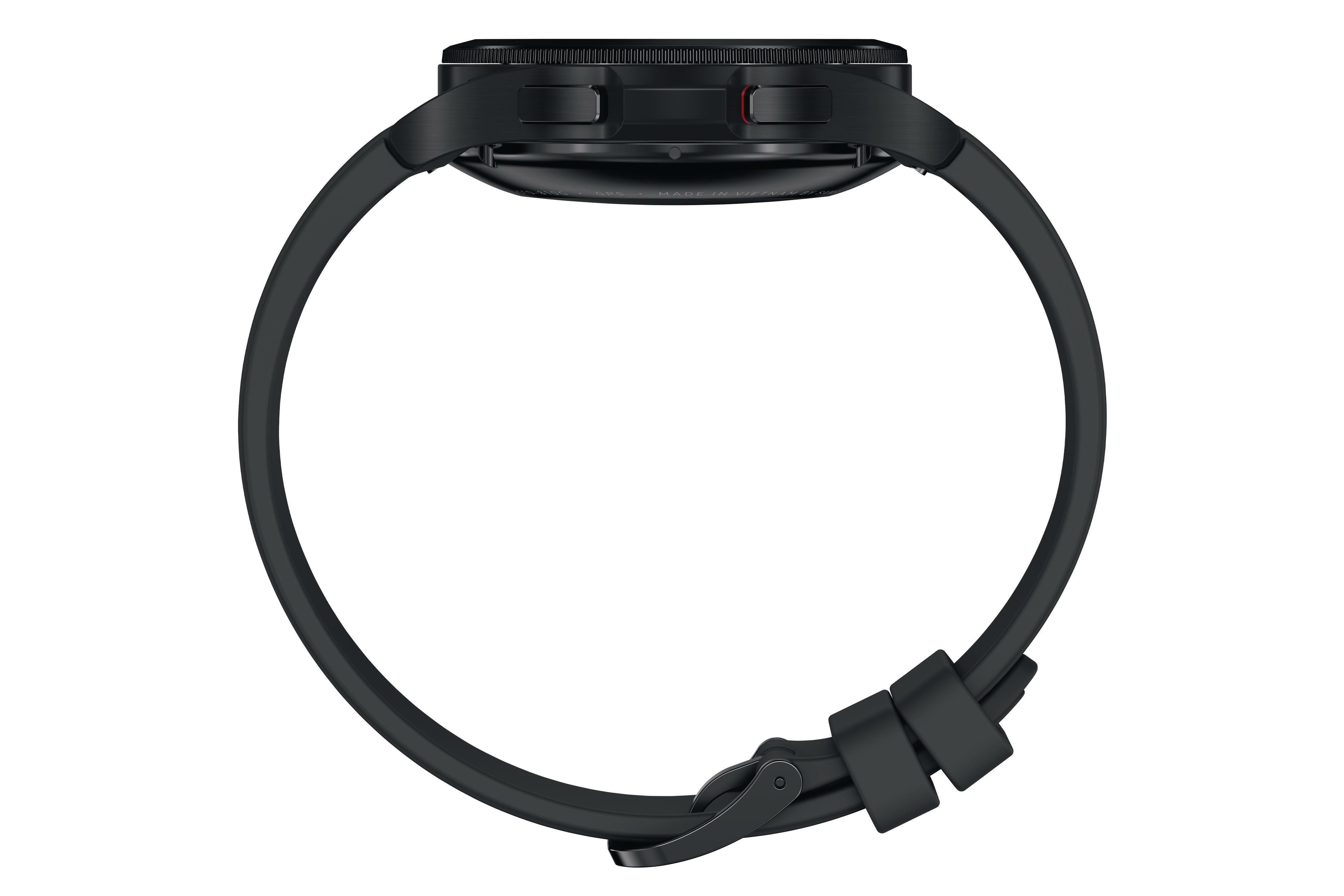Eine schwarze Smartwatch mit schwarzem Armband, von der Seite gesehen.