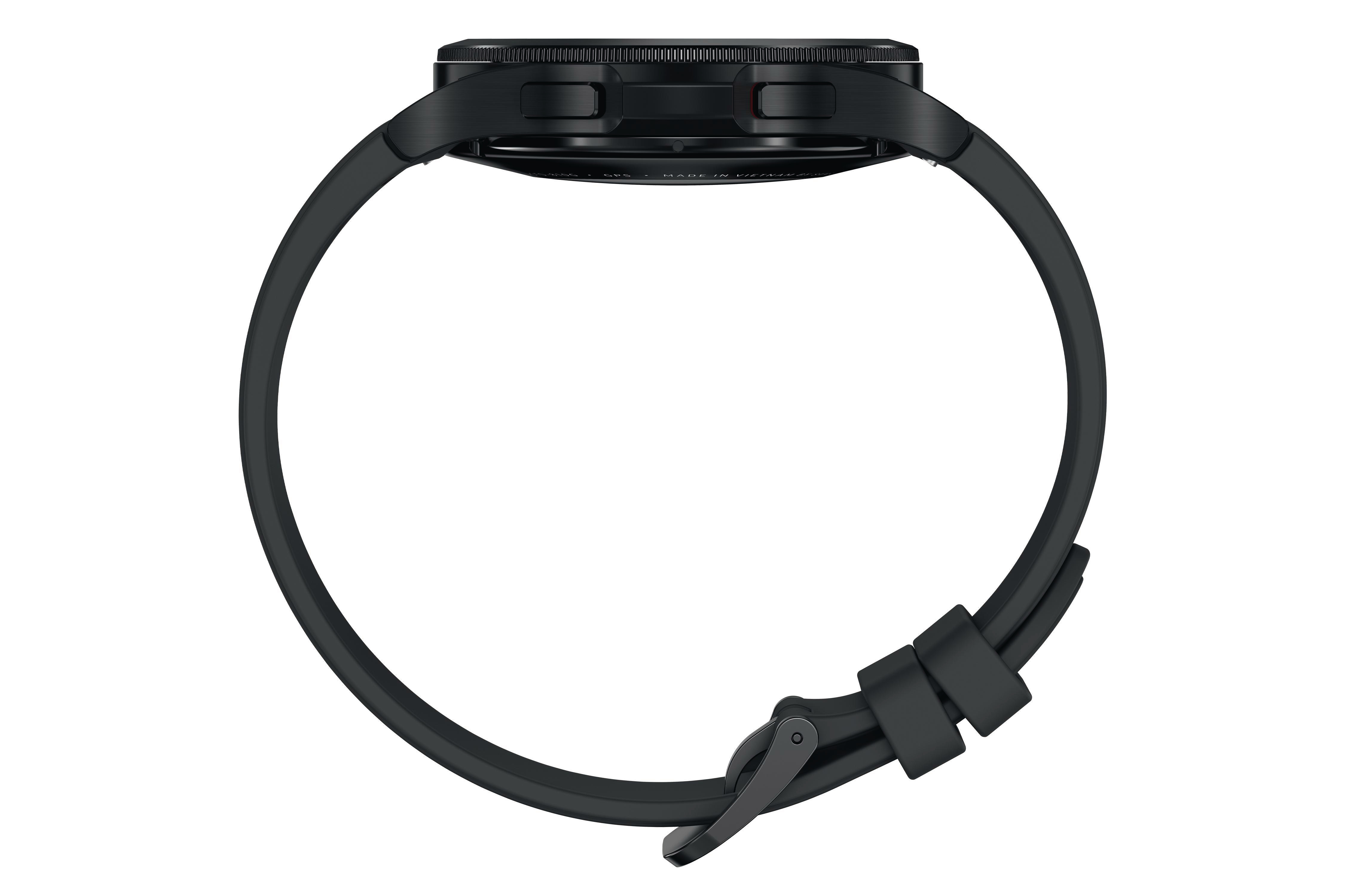 Seitenansicht einer schwarzen Smartwatch mit schwarzem Armband, Schnalle geschlossen.