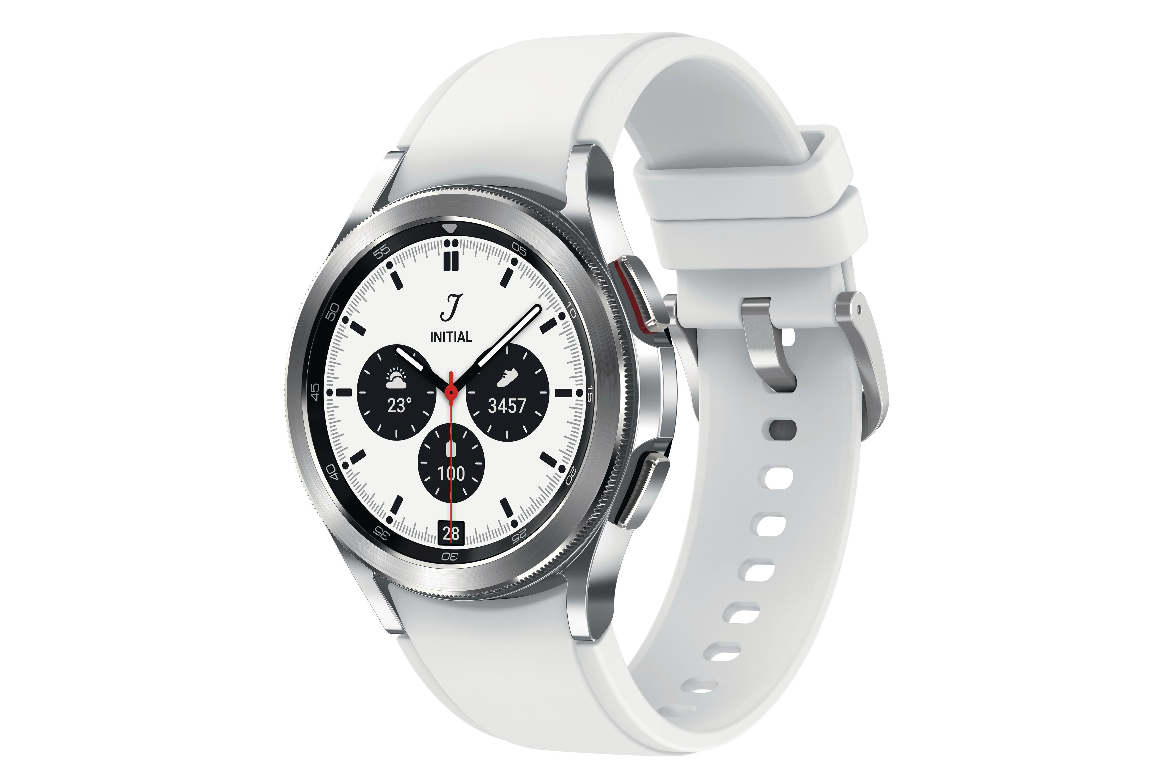 Weisse Smartwatch auf weissem Hintergrund.