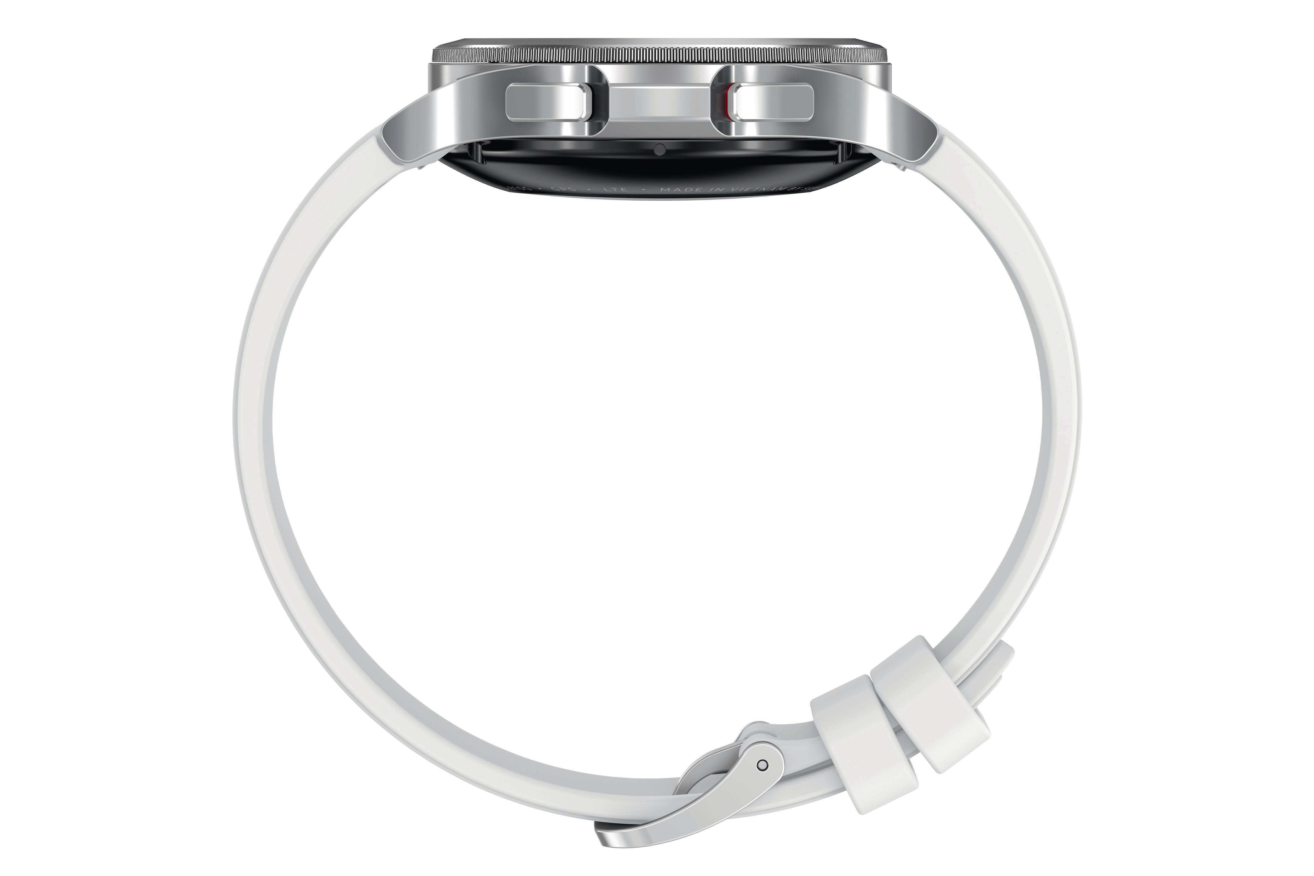 Seitenansicht einer silbernen Smartwatch mit weißem Armband.