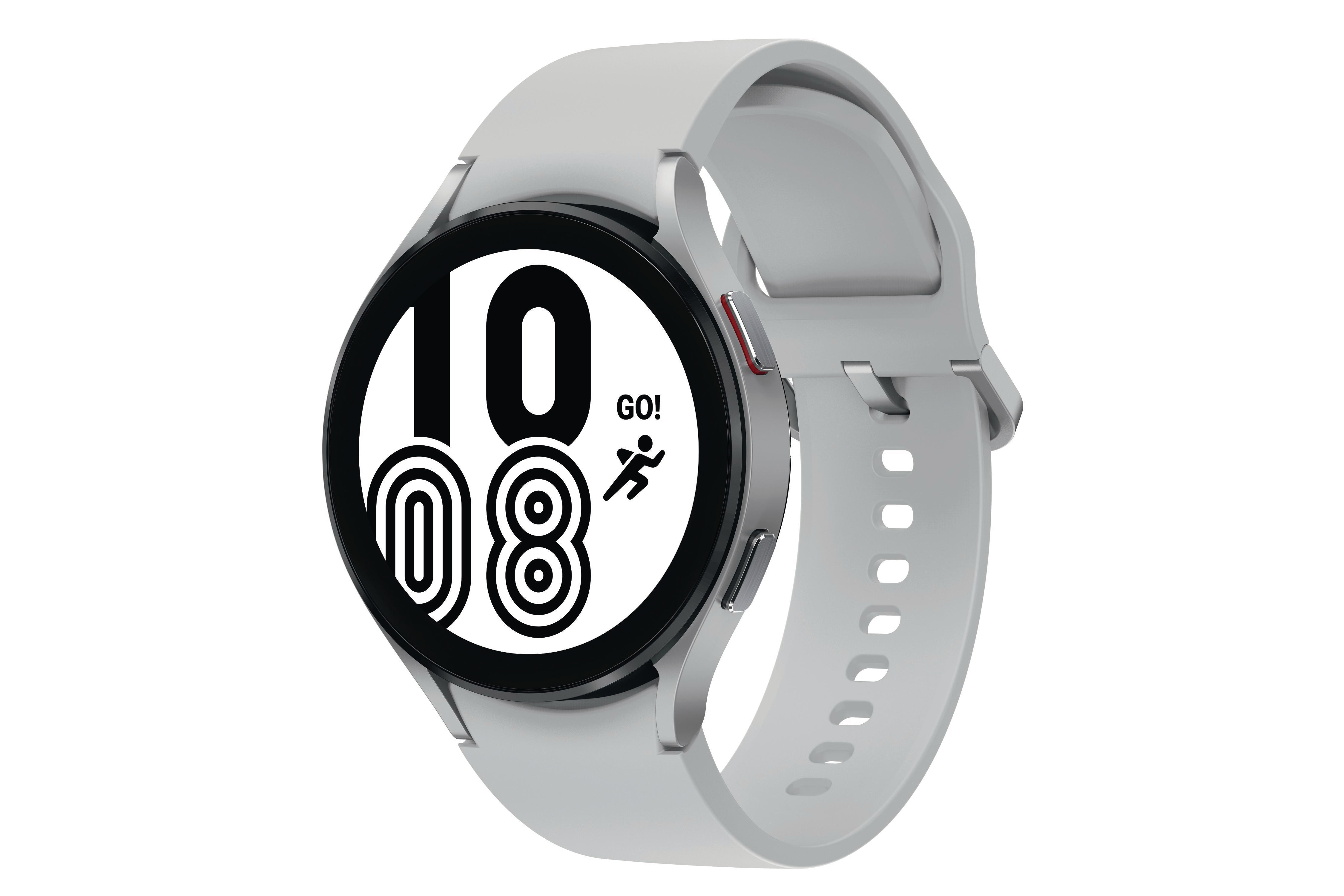 Eine silberne Samsung Galaxy Watch 4 an einem weißen Armband.