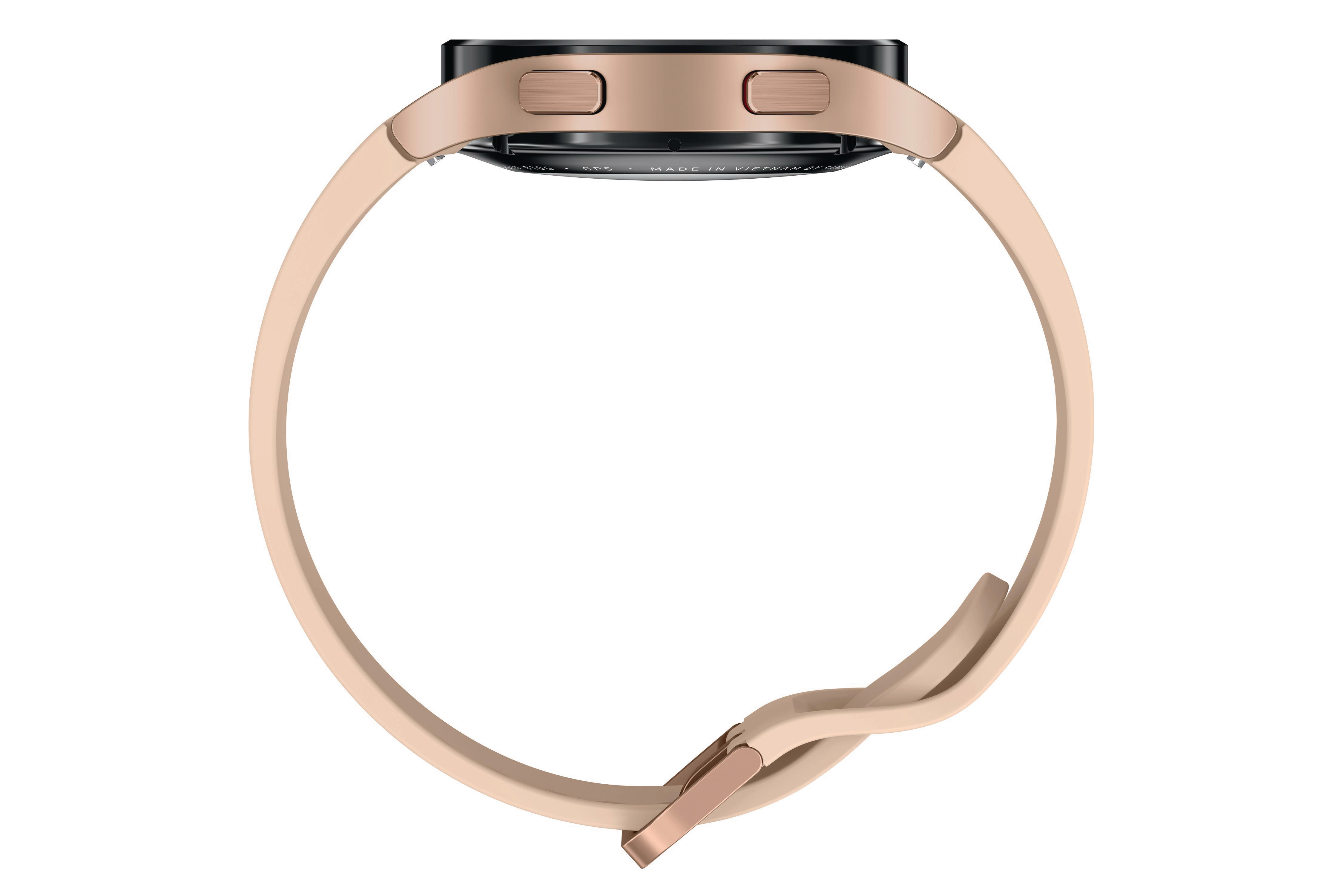 Eine roségoldene Smartwatch mit hellrosa Armband wird von der Seite gezeigt.
