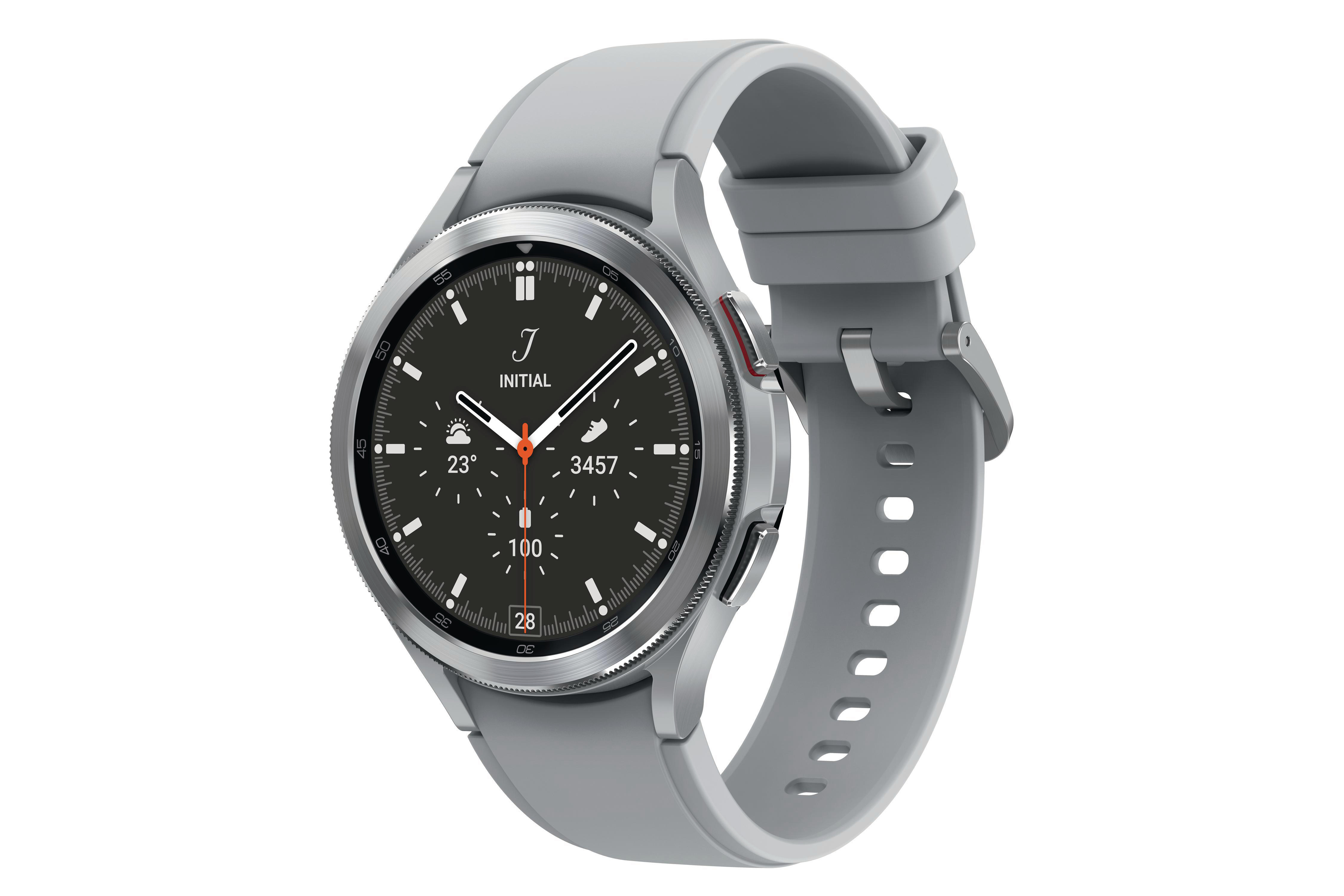 Eine graue Smartwatch mit schwarzem Bildschirm, der Zeit und andere Daten anzeigt. Das Armband ist ebenfalls grau.
