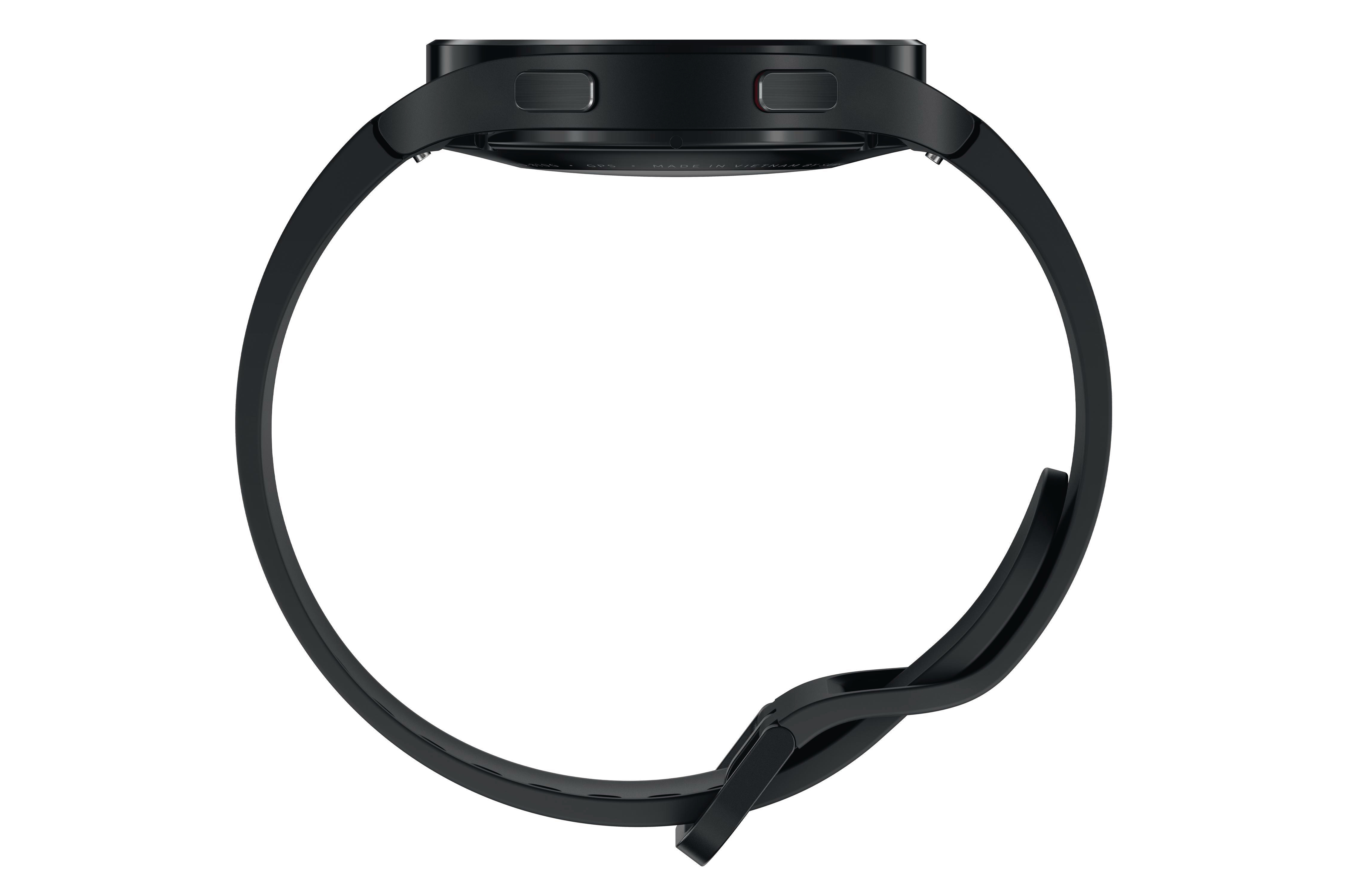 Eine schwarze Samsung Smartwatch mit schwarzem Armband. Die Uhr wird von der Seite betrachtet.