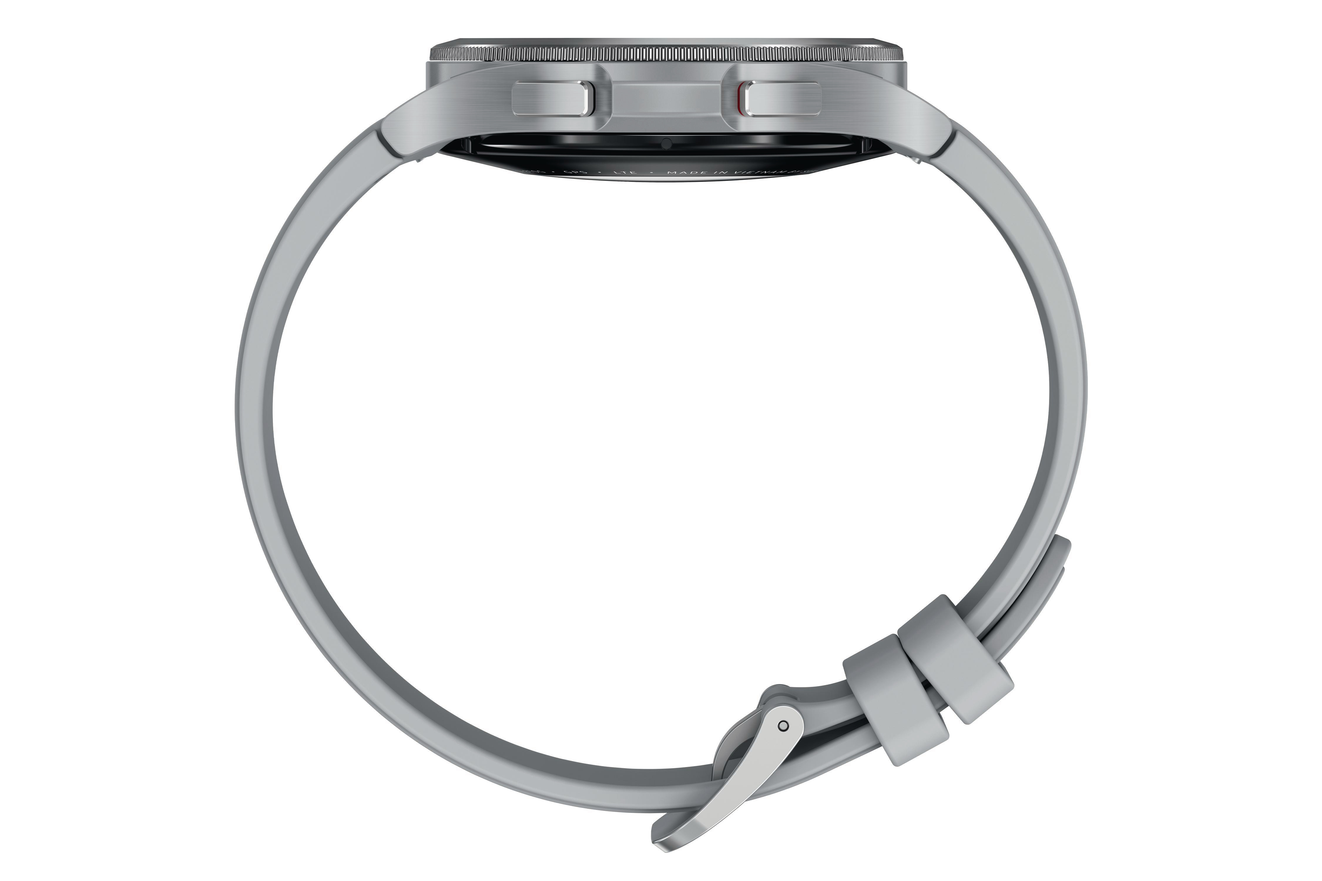 Silberne Smartwatch mit grauem Armband, Seitenansicht.