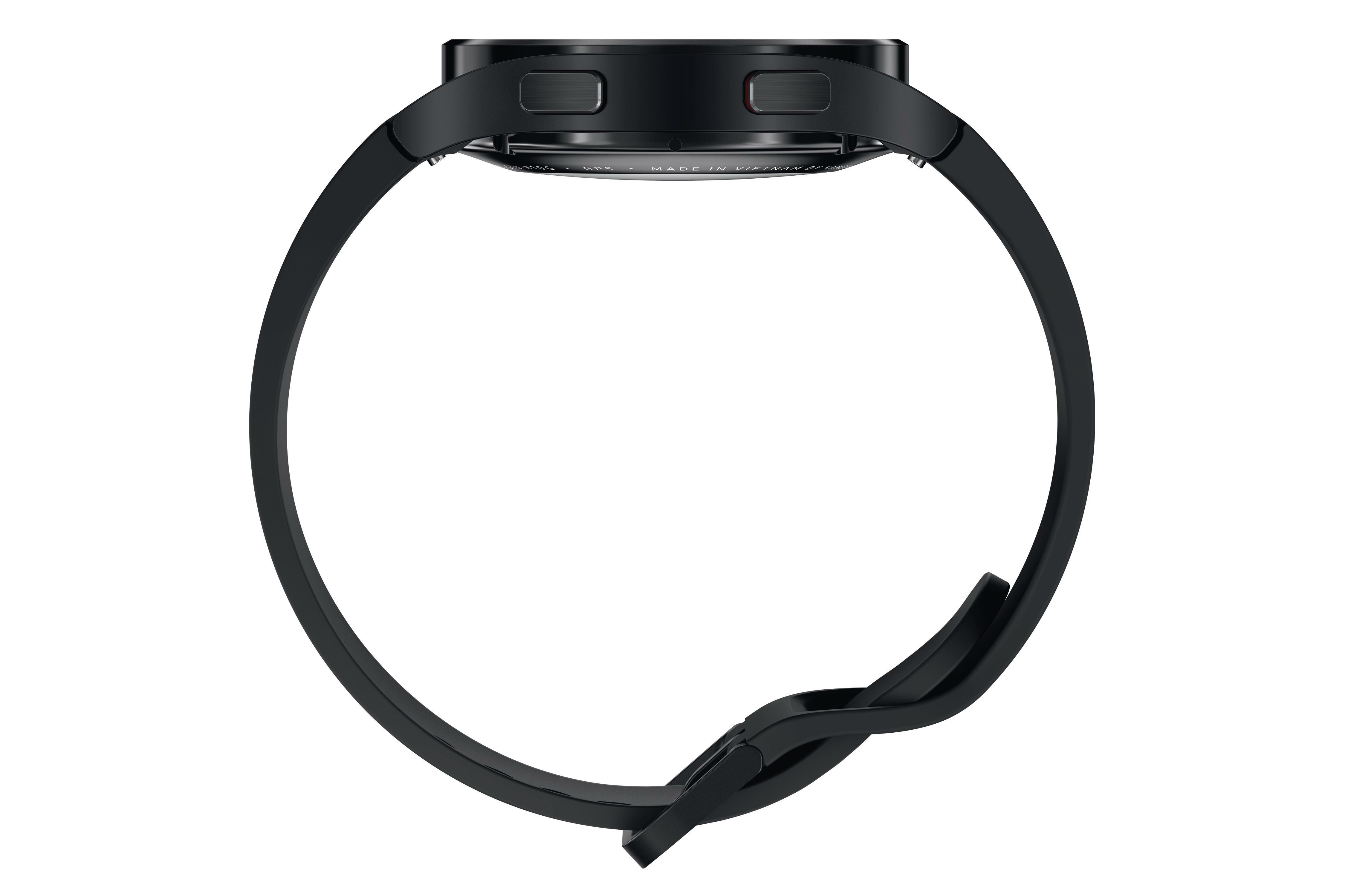 Eine schwarze Smartwatch mit schwarzem Armband. Die Uhr ist von der Seite zu sehen.