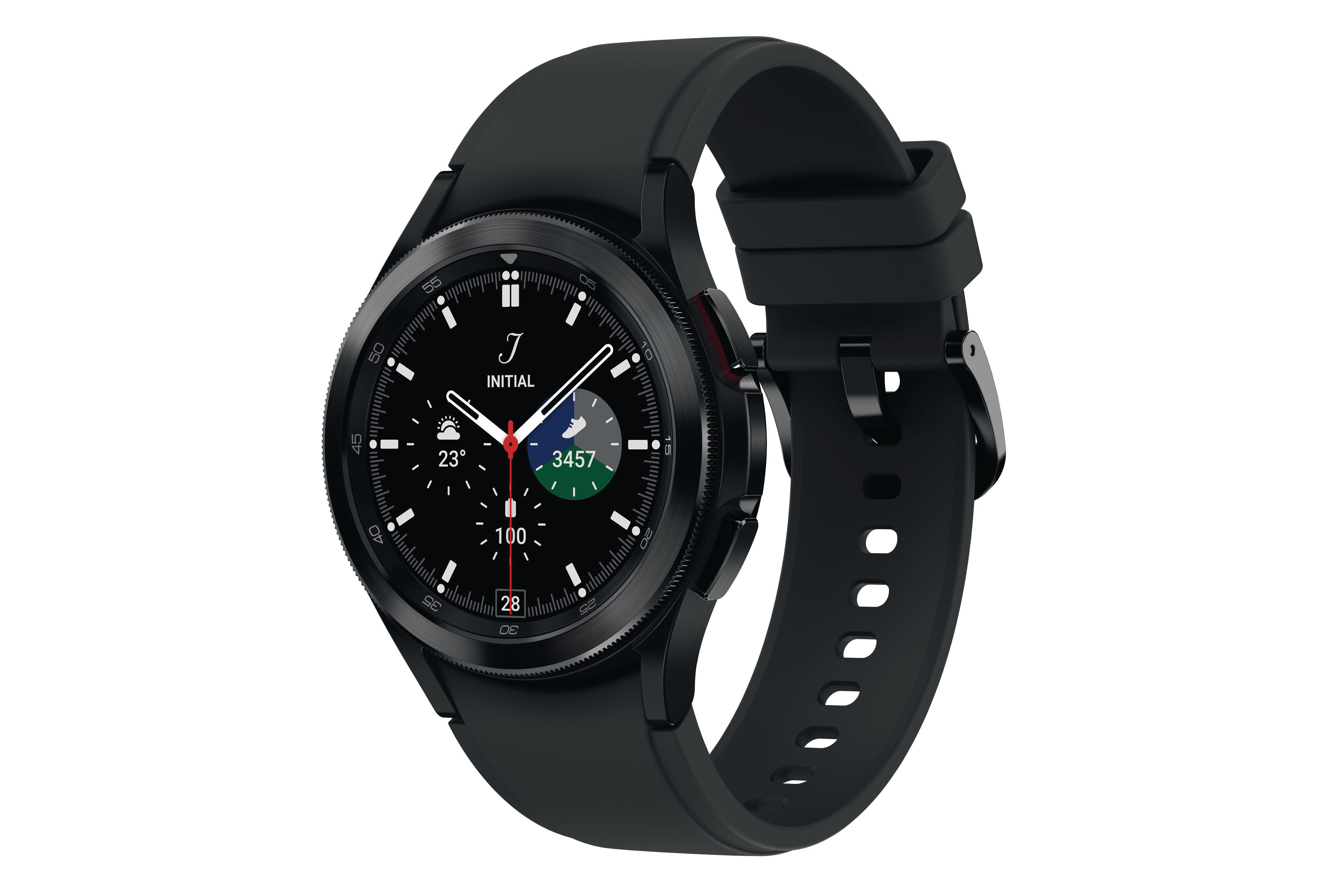 Schwarze Samsung Galaxy Watch mit schwarzem Armband, Anzeige von Zeit, Datum und Gesundheitsdaten.