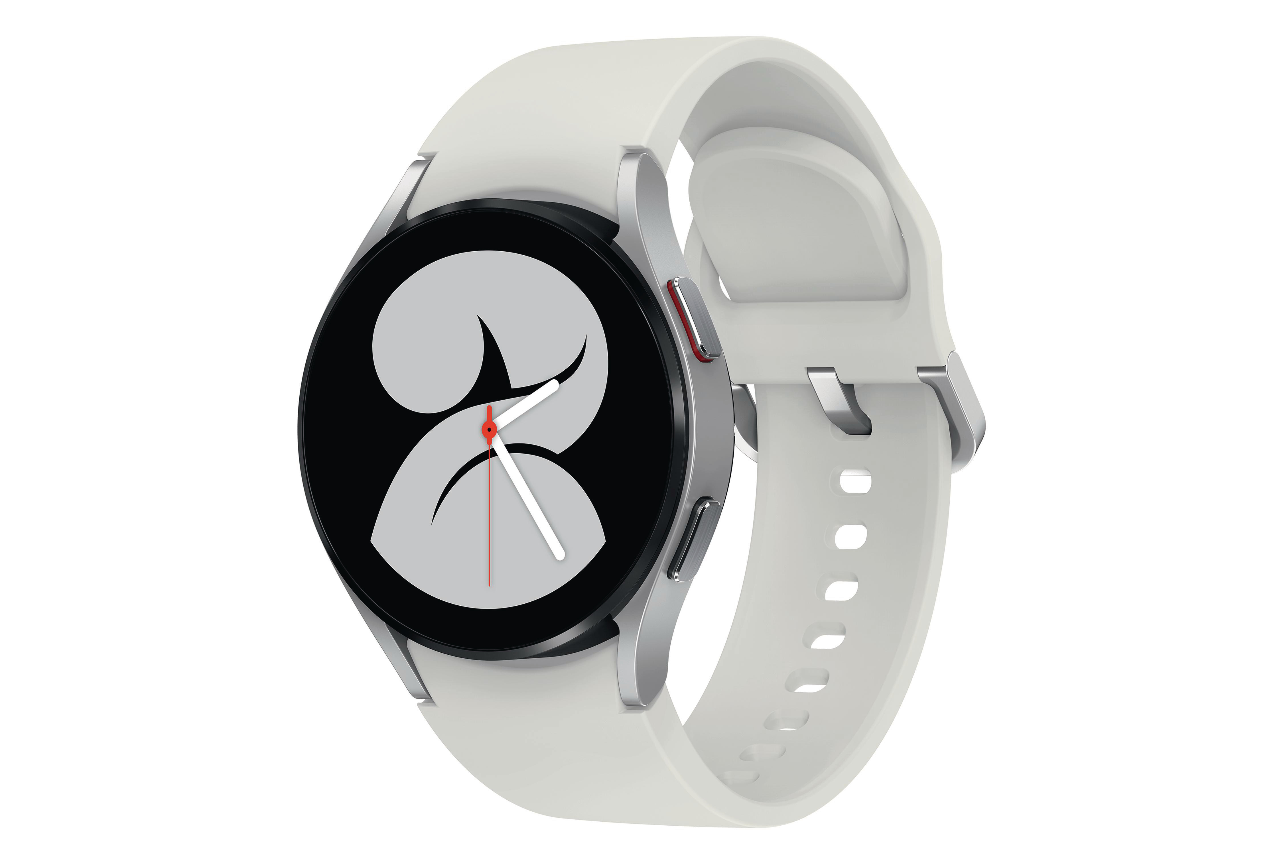 Weiße Smartwatch mit weißem Armband, schwarzer Lünette und digitaler Anzeige, auf weißem Hintergrund.