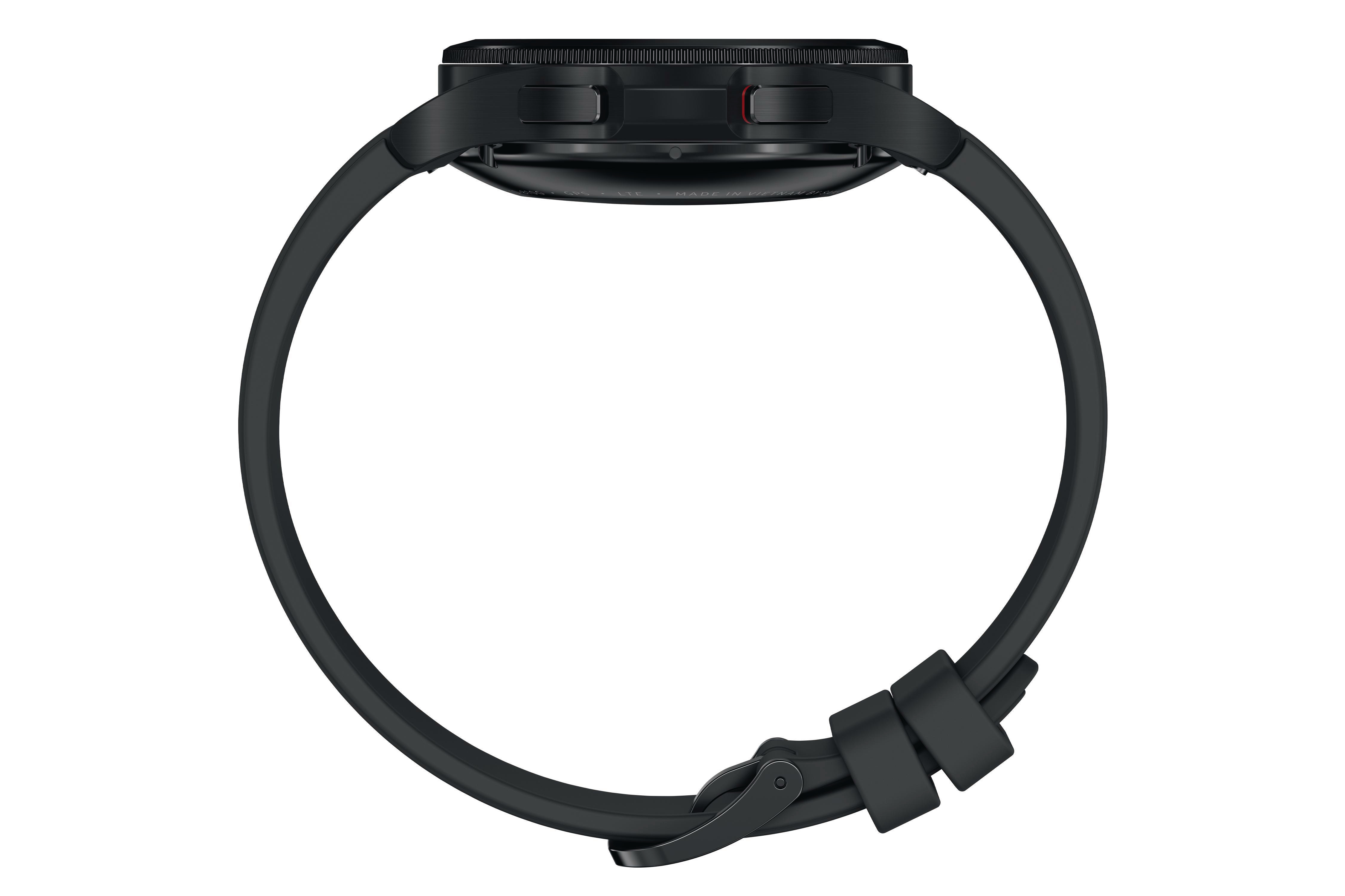 Eine schwarze Smartwatch mit schwarzem Armband, von der Seite gesehen, auf weißem Hintergrund.