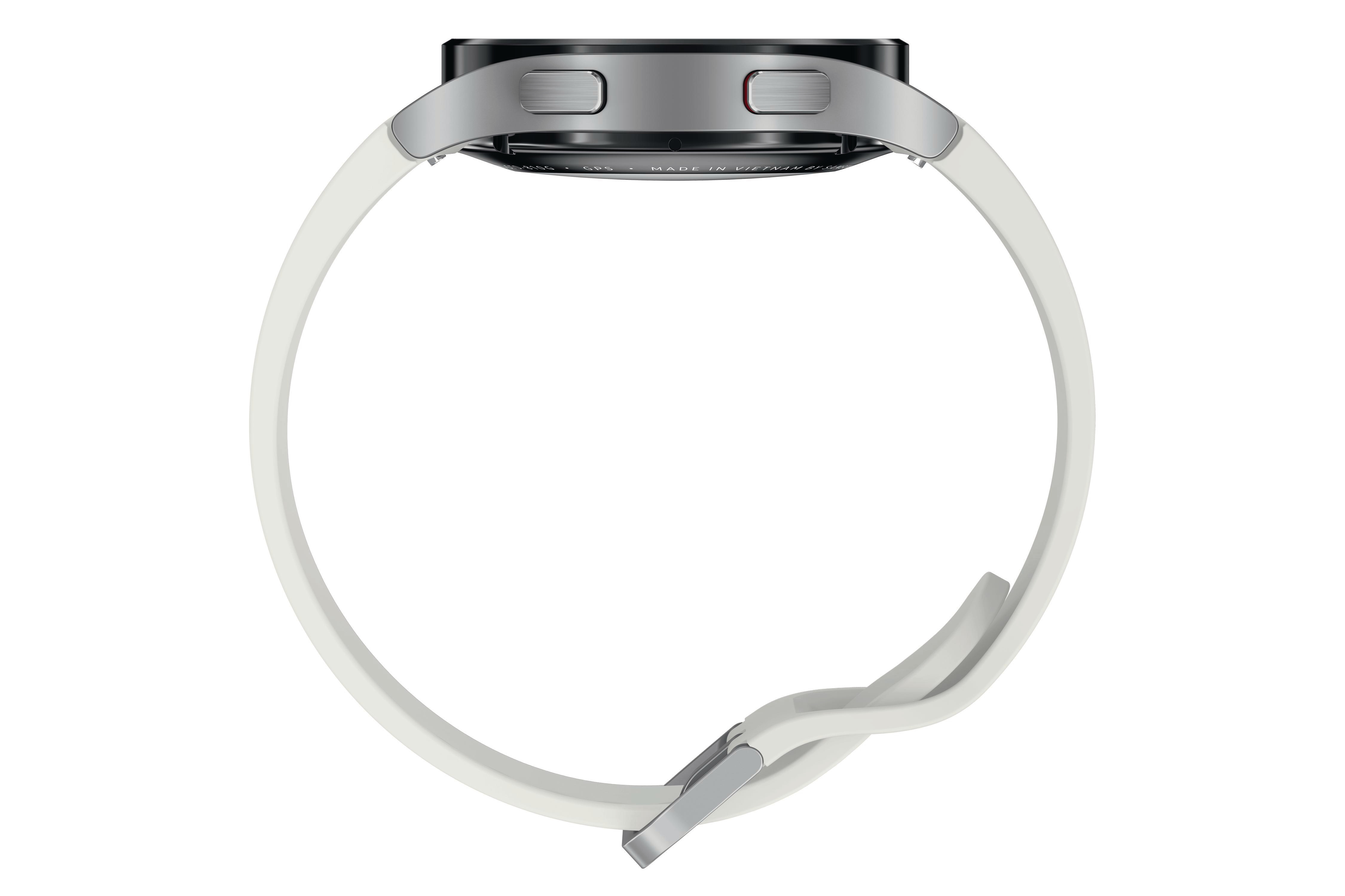 Seitenansicht einer Smartwatch mit weißem Armband und silberner Schnalle.