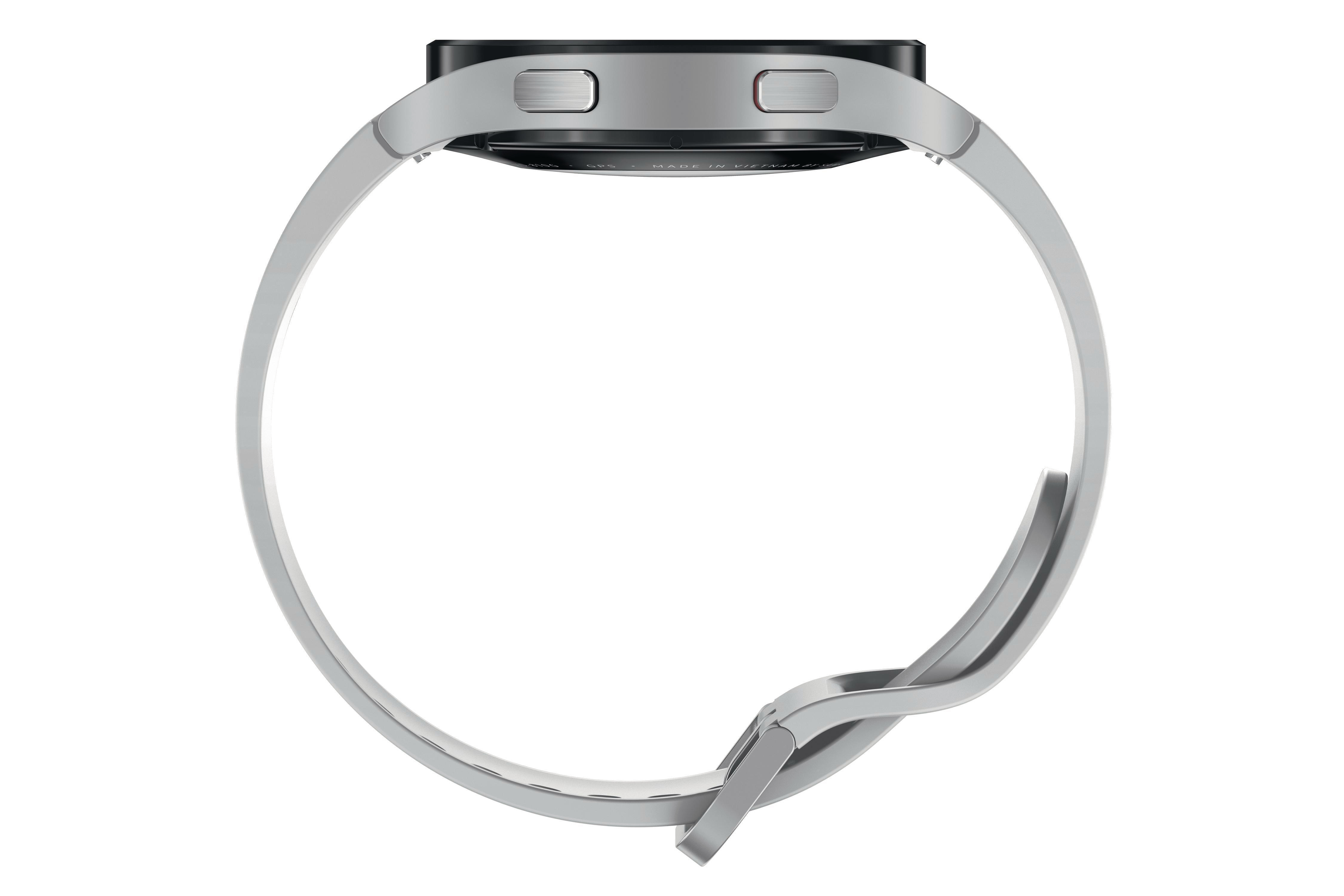 Silberne Smartwatch mit weißem Armband, Draufsicht, zeigt das Design der Uhr.