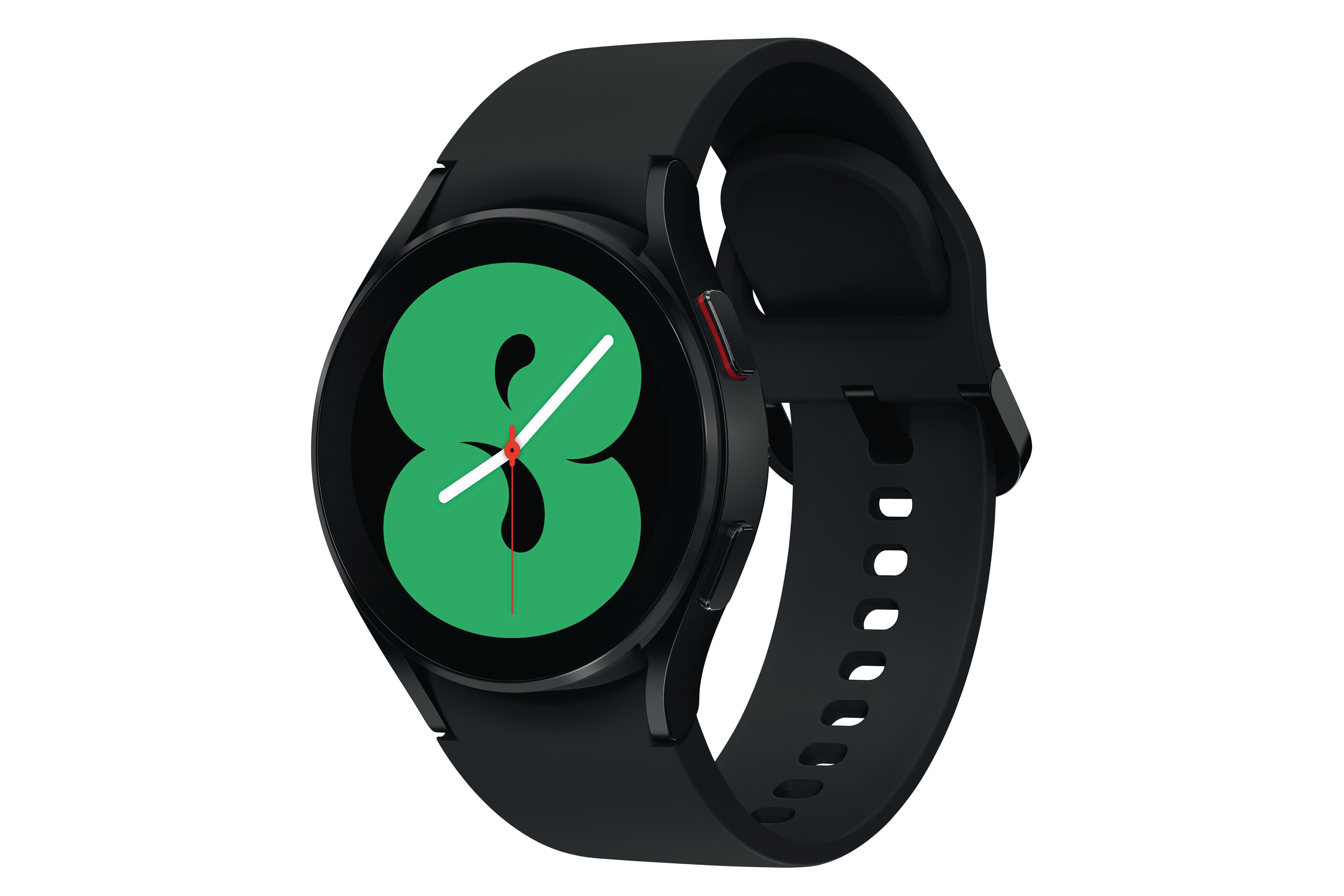 Schwarze Smartwatch mit grünem Zifferblatt. Schwarzes Armband und roter Akzent an der Seite.
