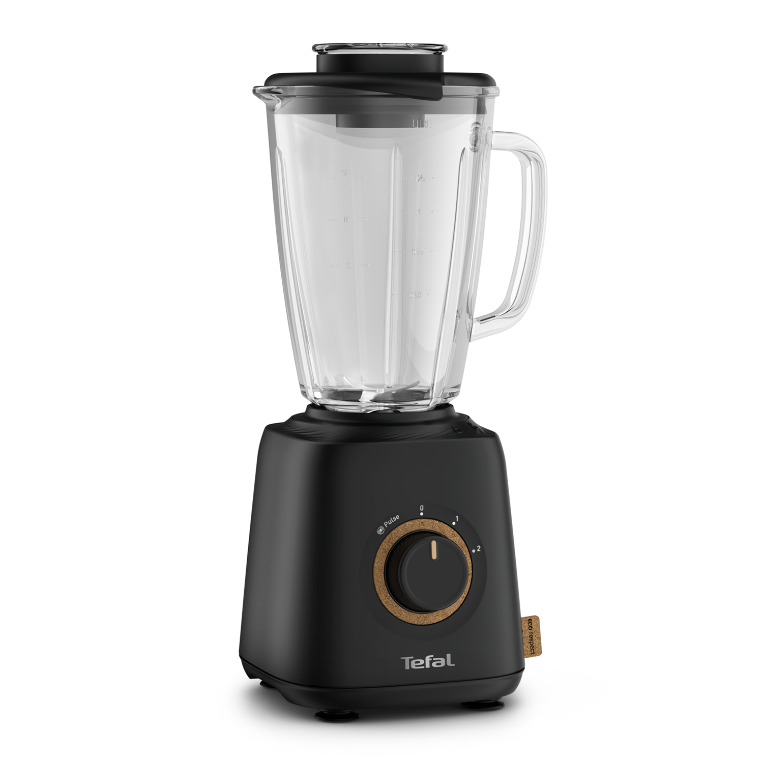 Black and transparent blender. It has a black base, a glass jar, and a black lid. The brand is Tefal.