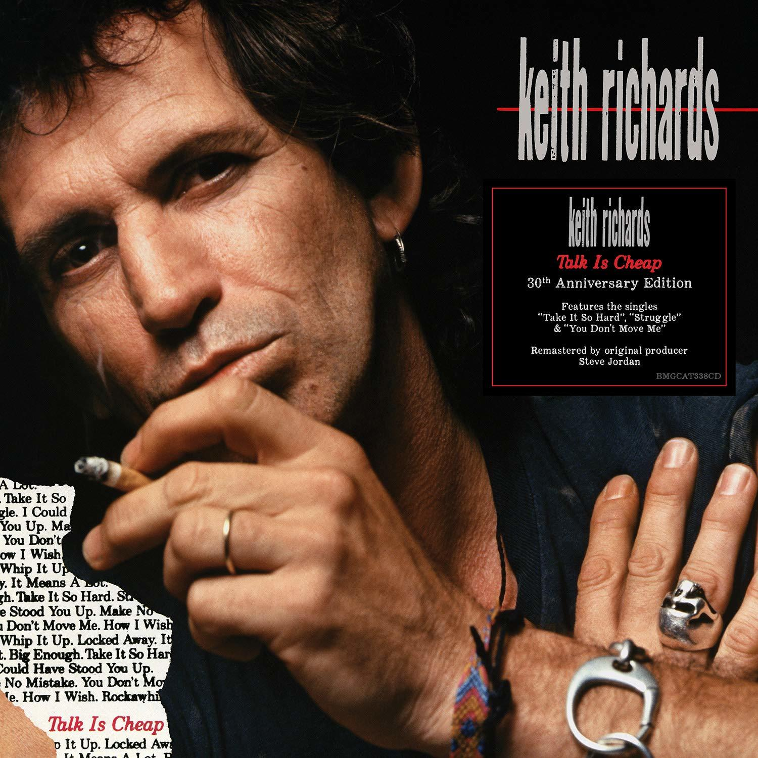 Keith Richards dohányzik, cigarettát tart a kezében. 'Talk Is Cheap' album borítója.