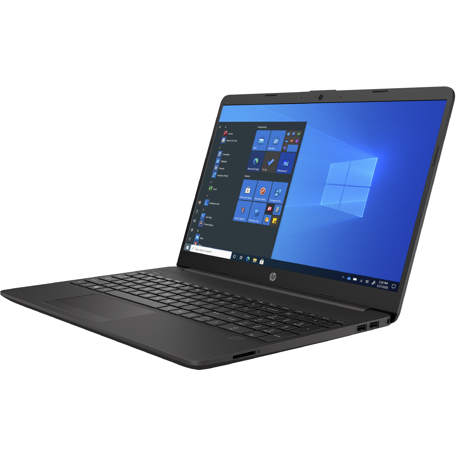 Una computadora portátil negra está abierta, mostrando un escritorio de Windows con iconos de aplicaciones, sobre un fondo blanco.