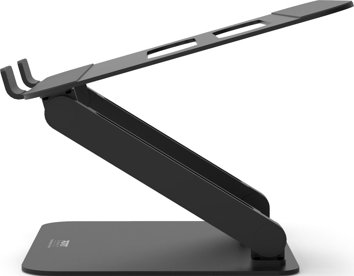 Schwarzer Laptop-Ständer, abgewinkelt, mit Sockel und Stützen. Der Ständer ist aus Metall.