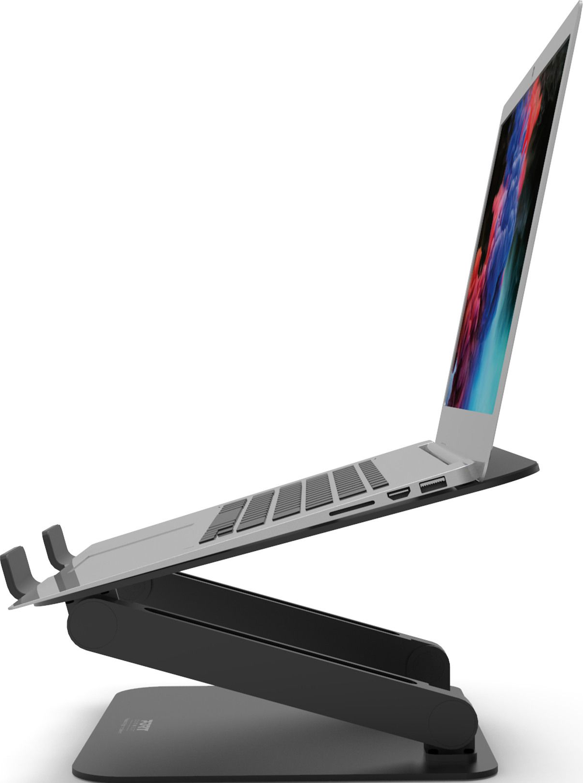Ein Laptop auf einem schwarzen Ständer. Der Laptop ist geöffnet und zeigt einen farbenfrohen Bildschirm.