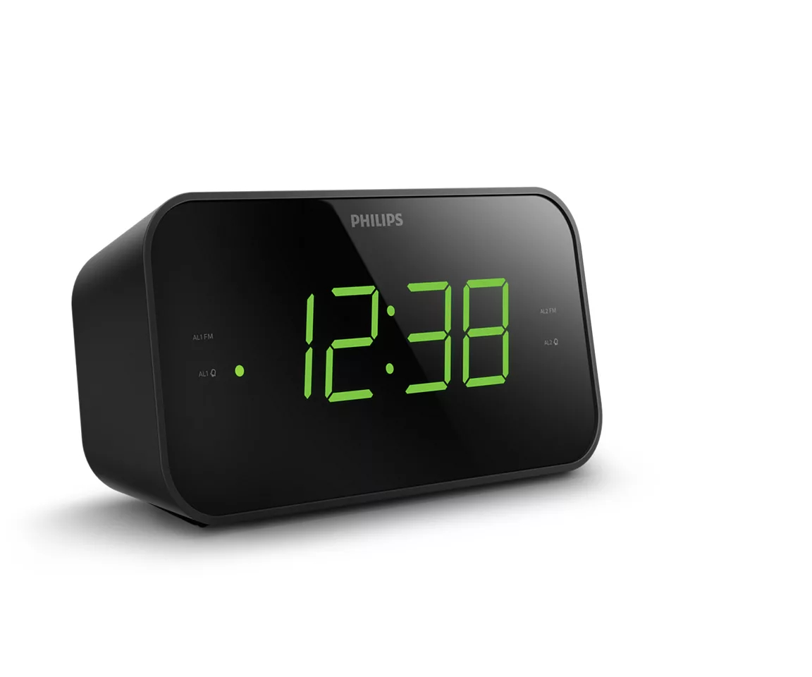 Ein schwarzer digitaler Philips-Wecker, der die Zeit 12:38 in Grün anzeigt.