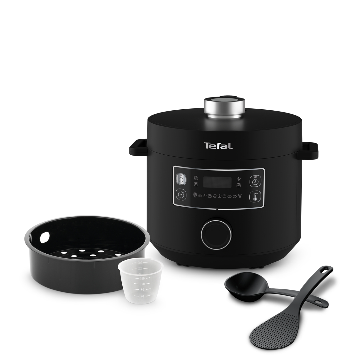 Zwarte Tefal multicooker met accessoires: kom, maatbeker en lepels.