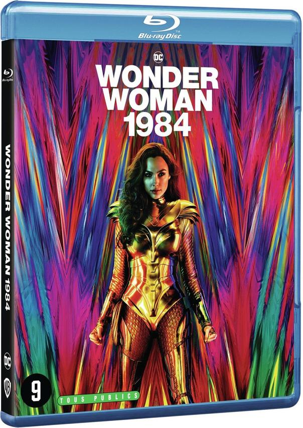 Jaquette Blu-ray de 'Wonder Woman 1984'. Elle présente Gal Gadot en costume doré sur fond coloré.