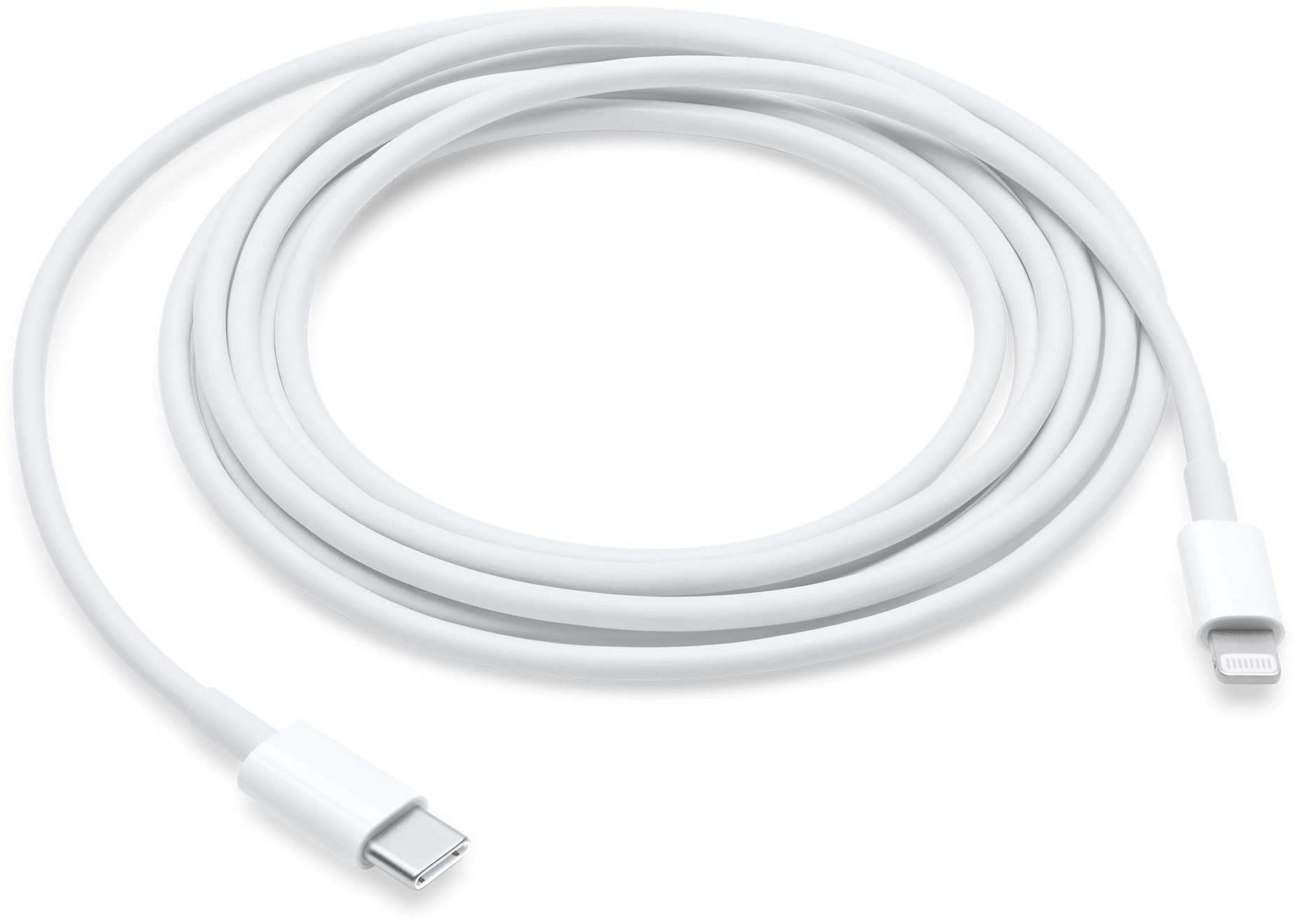 Câble blanc Apple USB-C vers Lightning, enroulé. Deux connecteurs visibles, un USB-C, un Lightning.