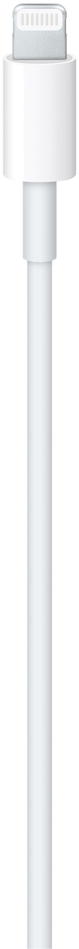 Câble Apple Lightning blanc avec extrémité de charge, sur fond blanc, gros plan.