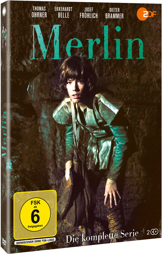 DVD-Cover des Films Merlin. Es zeigt einen jungen Mann in einem Wald.